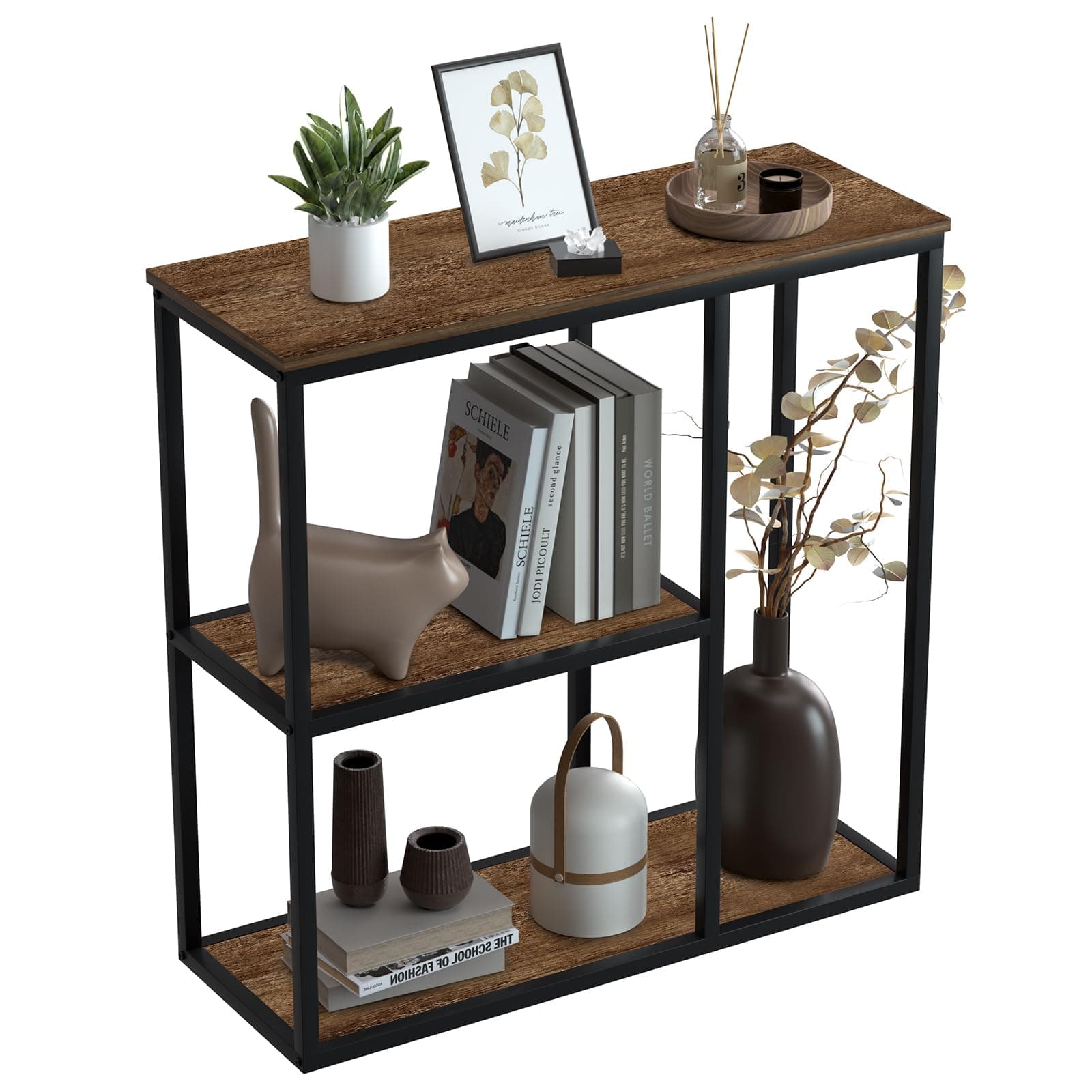WOHOMO Console Table, Modern Sofa Table with 3 Tier Storage Shelves, 12" Narrow Industrial Entrance Table for Living Room Hallway, 31.5" x 12" x 31.5", Walnut