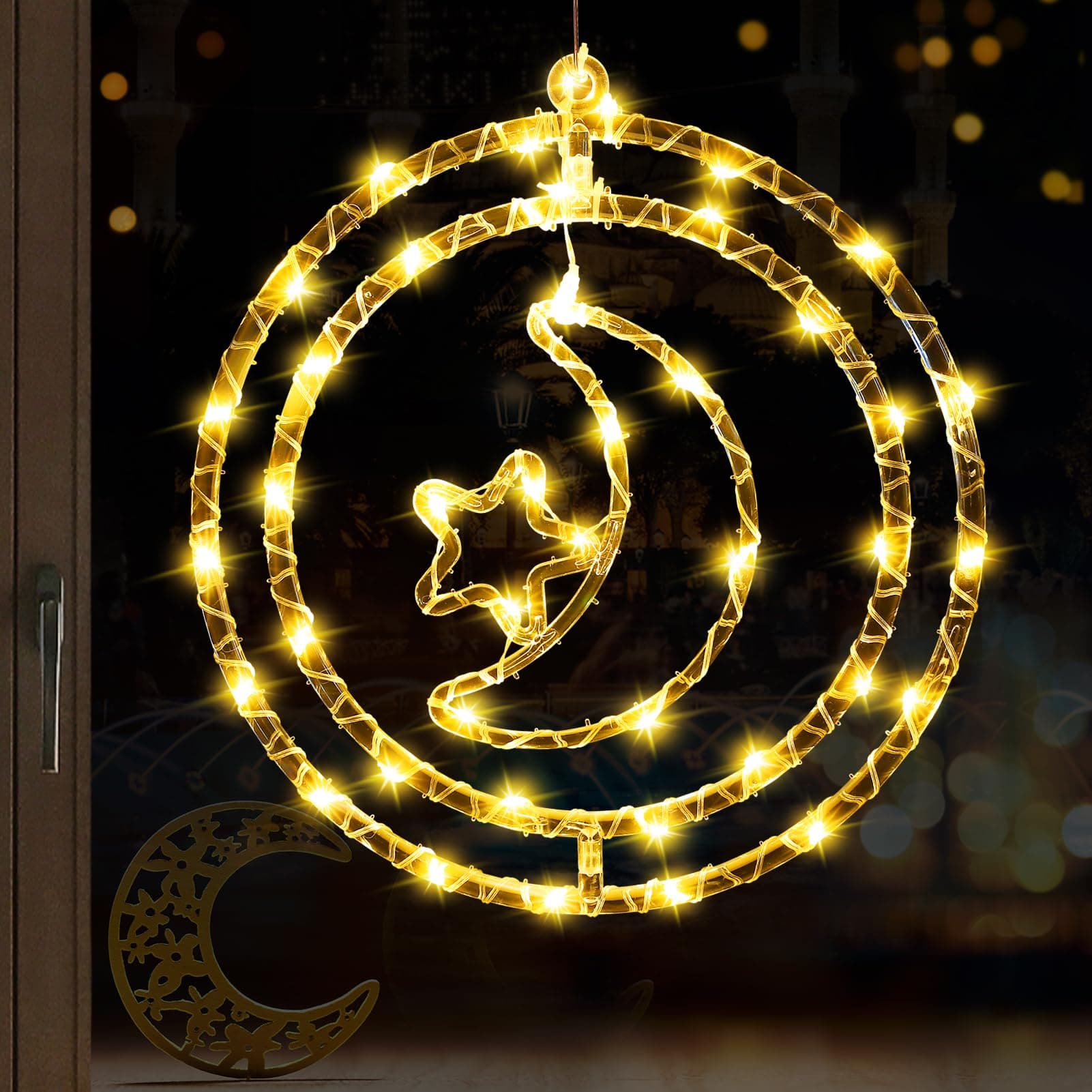 Biubee 12.4in Star Moon Ramadan Window Lights- Eid Ramadan Lights Decorations, USB Operated with Remote Control- Mubarak Decoration Lights for Indoor Outdoor Window Patio Bedroom Holiday Party Decor