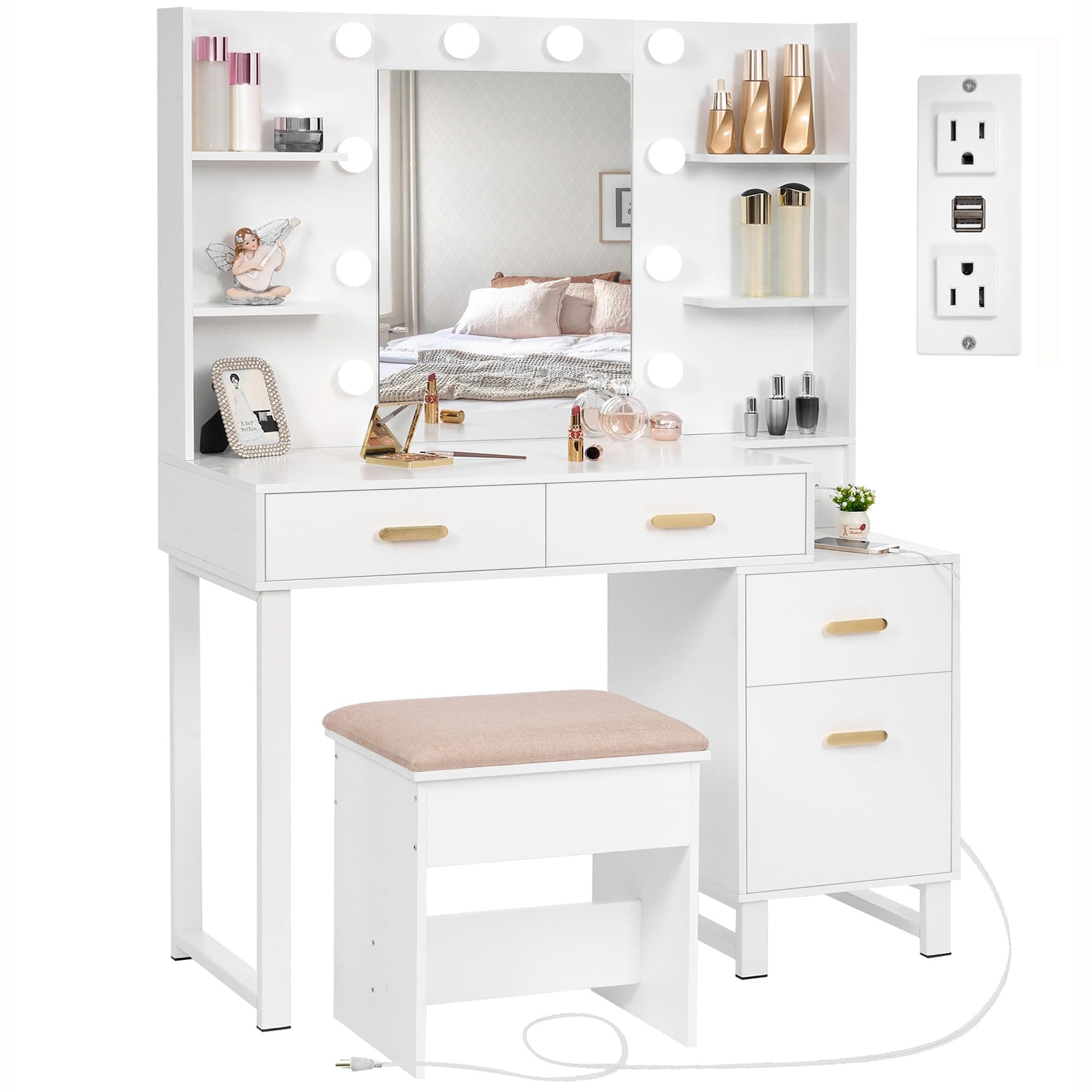 ANWBROAD Makeup Vanity Desk Vanity Set with 10 LED Bulbs Lighted Mirror Makeup Vanity Table Set with Charging Station Nightstand 3 Colors Modes Dimming Cushioned Stool Large Mirror White UBDT53W