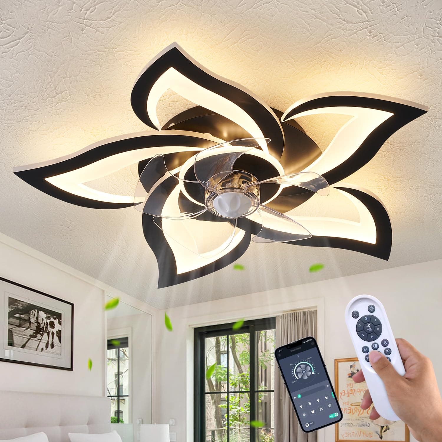 HuixuTe 24" Geometric Ceiling Fan with Lights Remote Control, 6 Speeds 3 Colors Black Low Profile Ceiling Fan with Light for Kitchen Bedroom Living Room