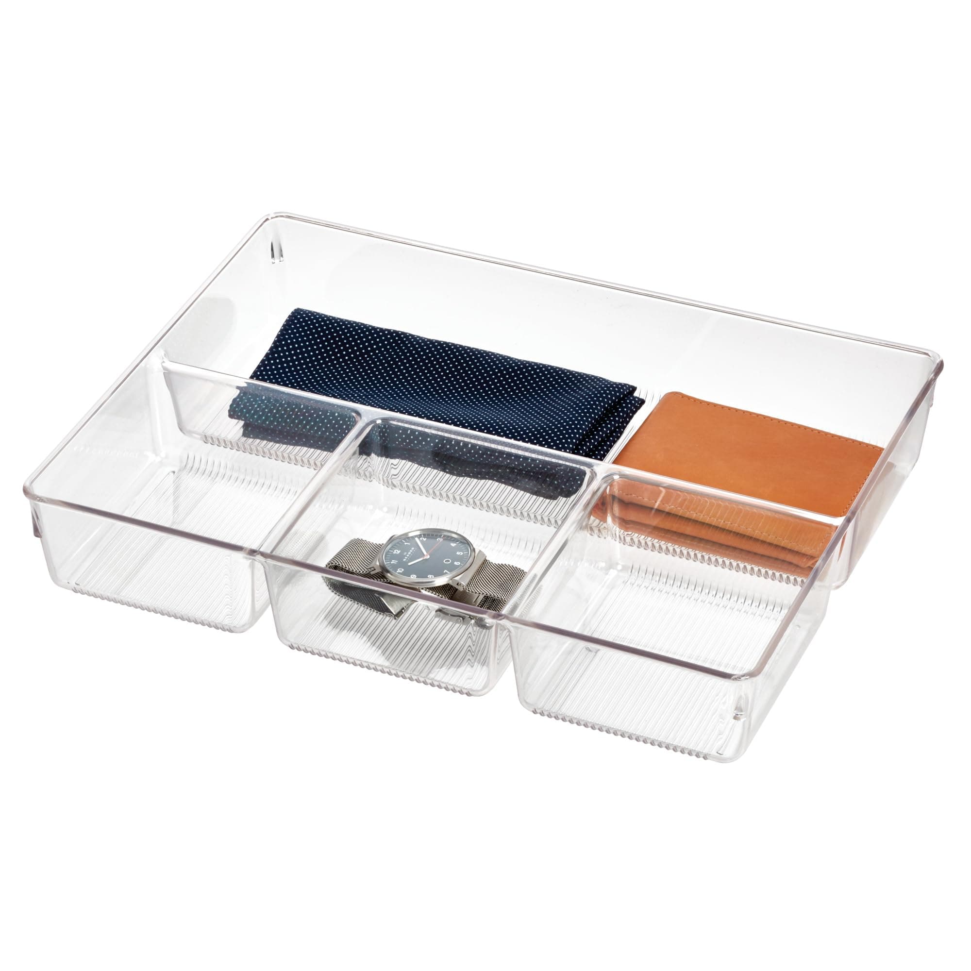 iDesign Drawer Organiser With 4 Compartments, Practical Plastic Drawer Divider, Wardrobe Organiser for Accessories and Jewellery, Clear, 5.5 by 23 by 33 cm