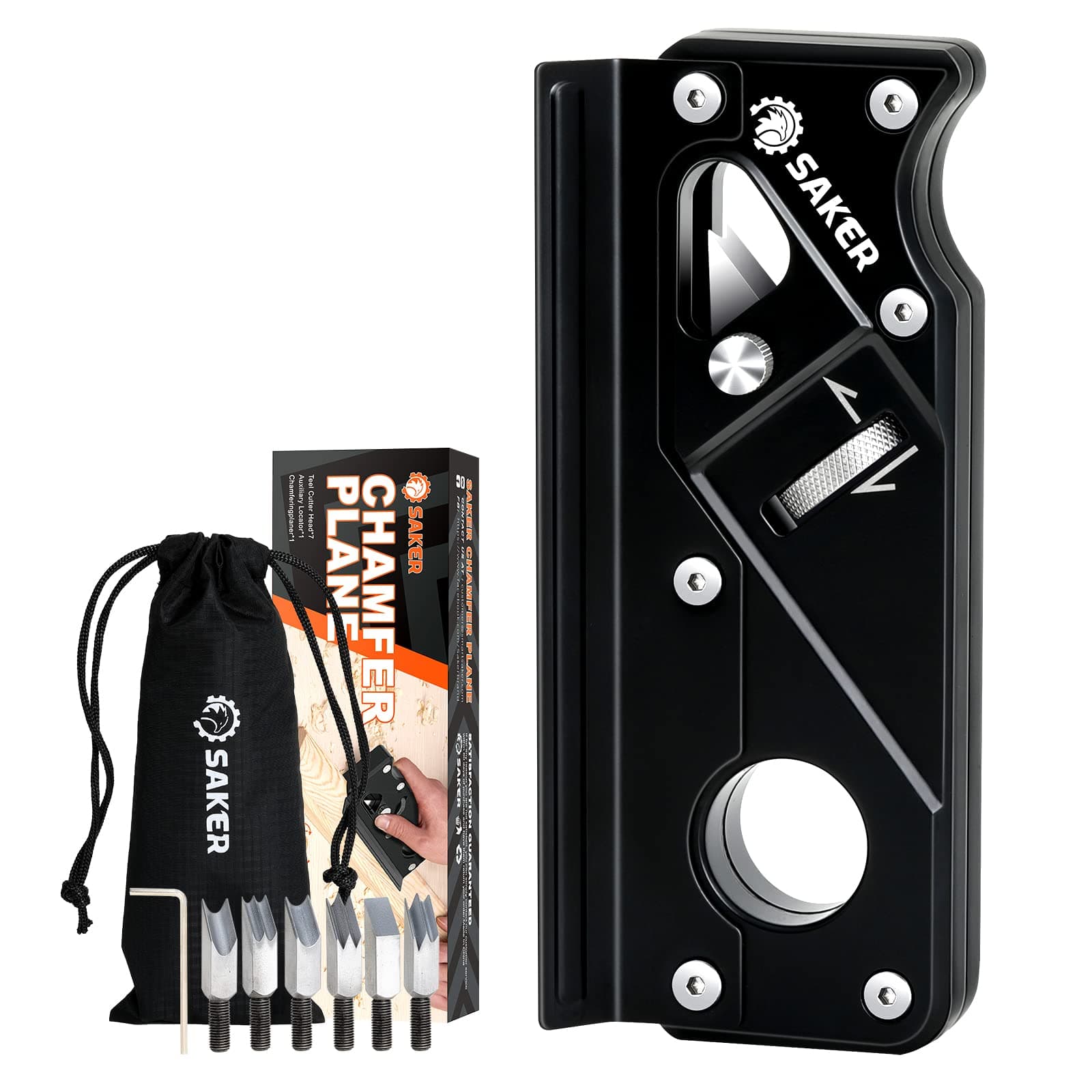 Saker Chamfer Plane-Woodworking Edge Corner Flattening Tool with Auxiliary Locator,Hand Chamfering Planer Suitable for Quick Edge Trimming of Wood (Combination Upgrade-6 Cutter Heads, Black)
