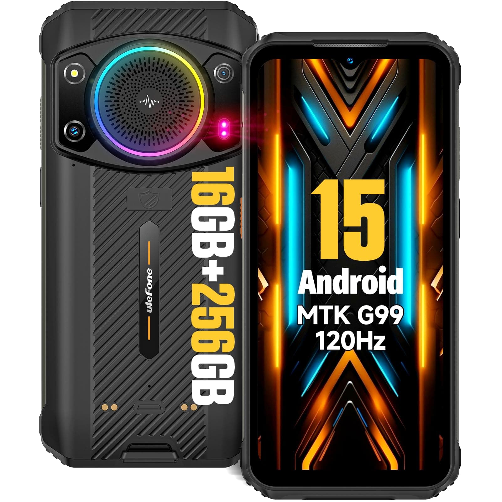 Armor 21 Android 15 Unlocked Rugged Phone, 122dB Loudest Speaker, MTK G99 16GB + 256GB Outdoor Rugged Smartphone,64MP Main Cam + 24MP Night Vision Cam, 6.58" FHD+, 9600mAh, IP68 Dual SIM