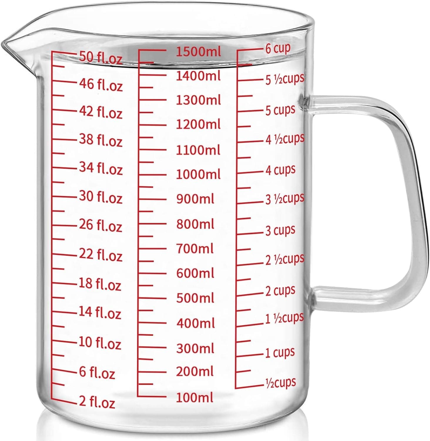 Luvan 1500 ml Measuring Cup Glass, Three Different Scales for Ounces, Millilitres, Cups, Heat-resistant Borosilicate Glass, Perfect Measuring Cups with V-shaped Spout and Handle for Baking & Cooking