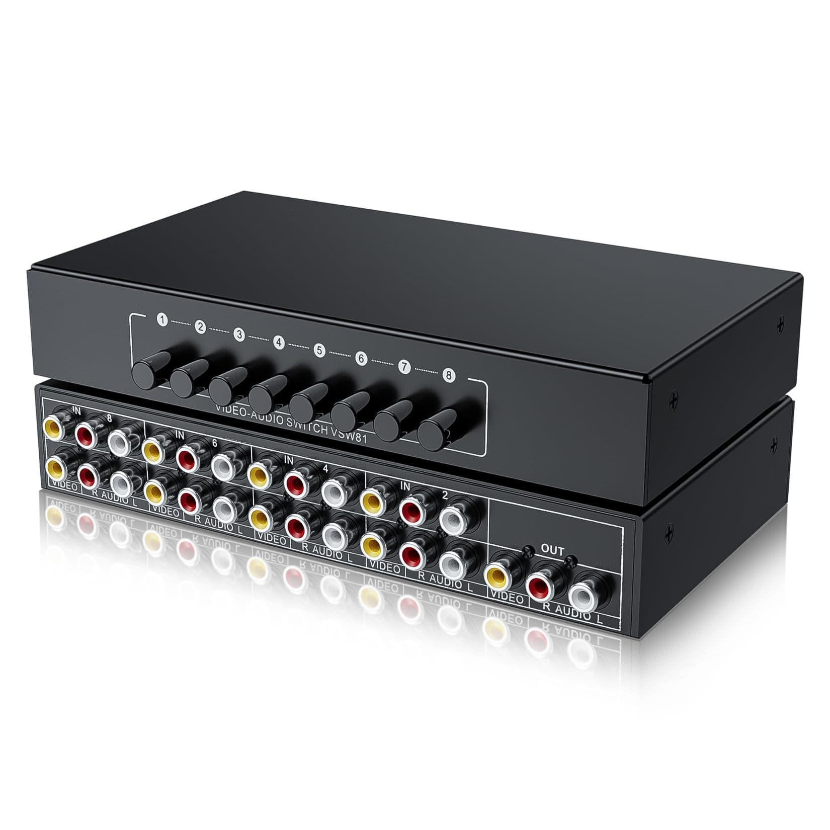 BolAAzuL RCA Switch 8 in 1 Out Composite Video L/R Audio Selector Box 8X1, 8-Way RCA Switcher - 8 Port AV Selector Switch - Plug & Play for Wii PS2 Xbox DVD STB HDTV