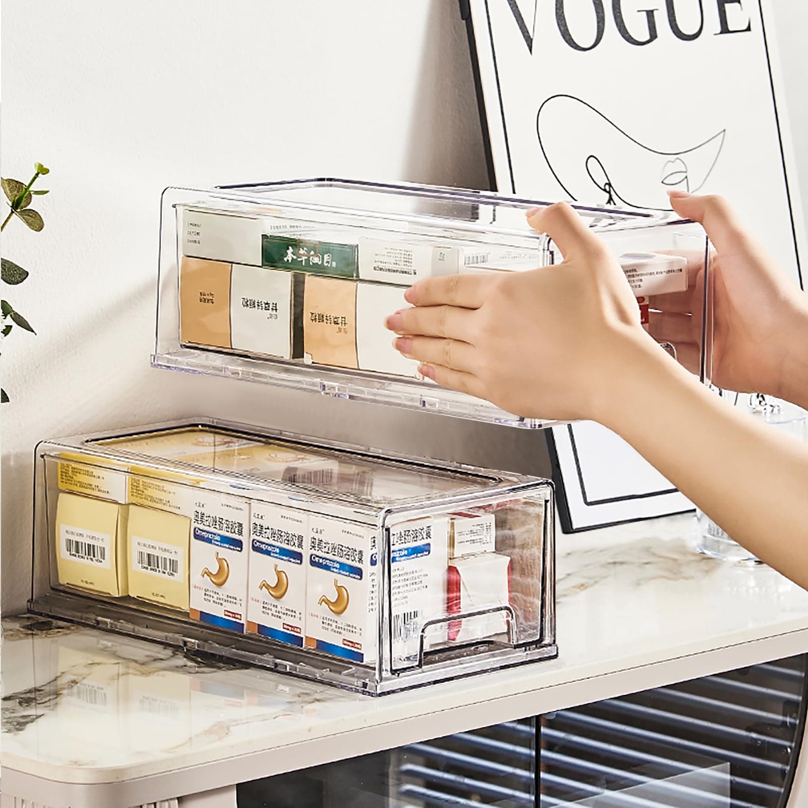 Sgoostood Pull Out Drawer Medicine Box for Safe Medication Storage, Large Refrigerator Storage Bin for Kitchen Food Safe, Tablet Box for Kids Home/Office Organize Ointments,2 Pack - Clear( Medium)