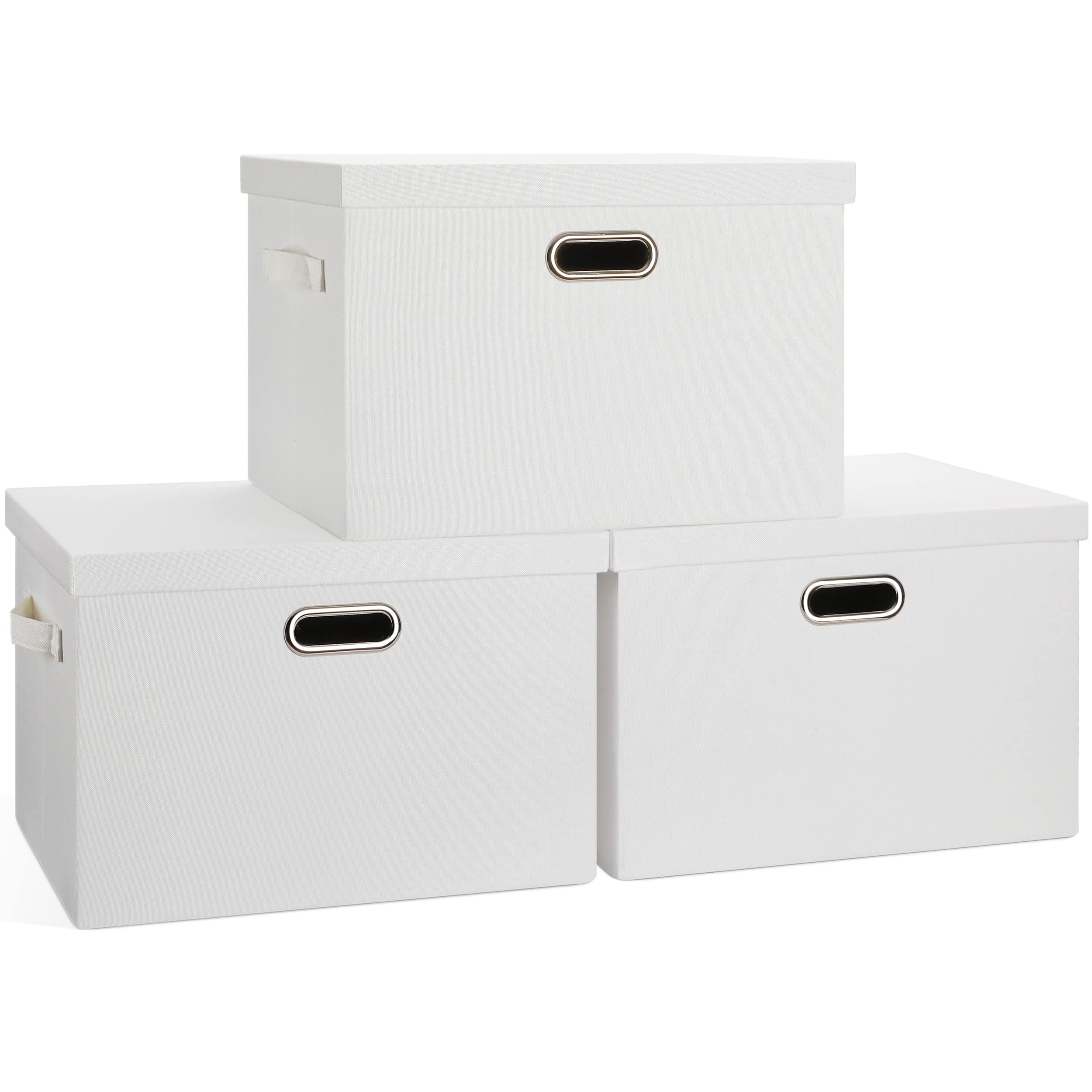 Large 17" 36 Quart Collapsible Stackable Storage Bins with Lids, 3 Packs White Linen Fabric Closet Boxes with Lids, Storage Cube Baskets Container Organizers for Bedroom Office(17 x12 x11)