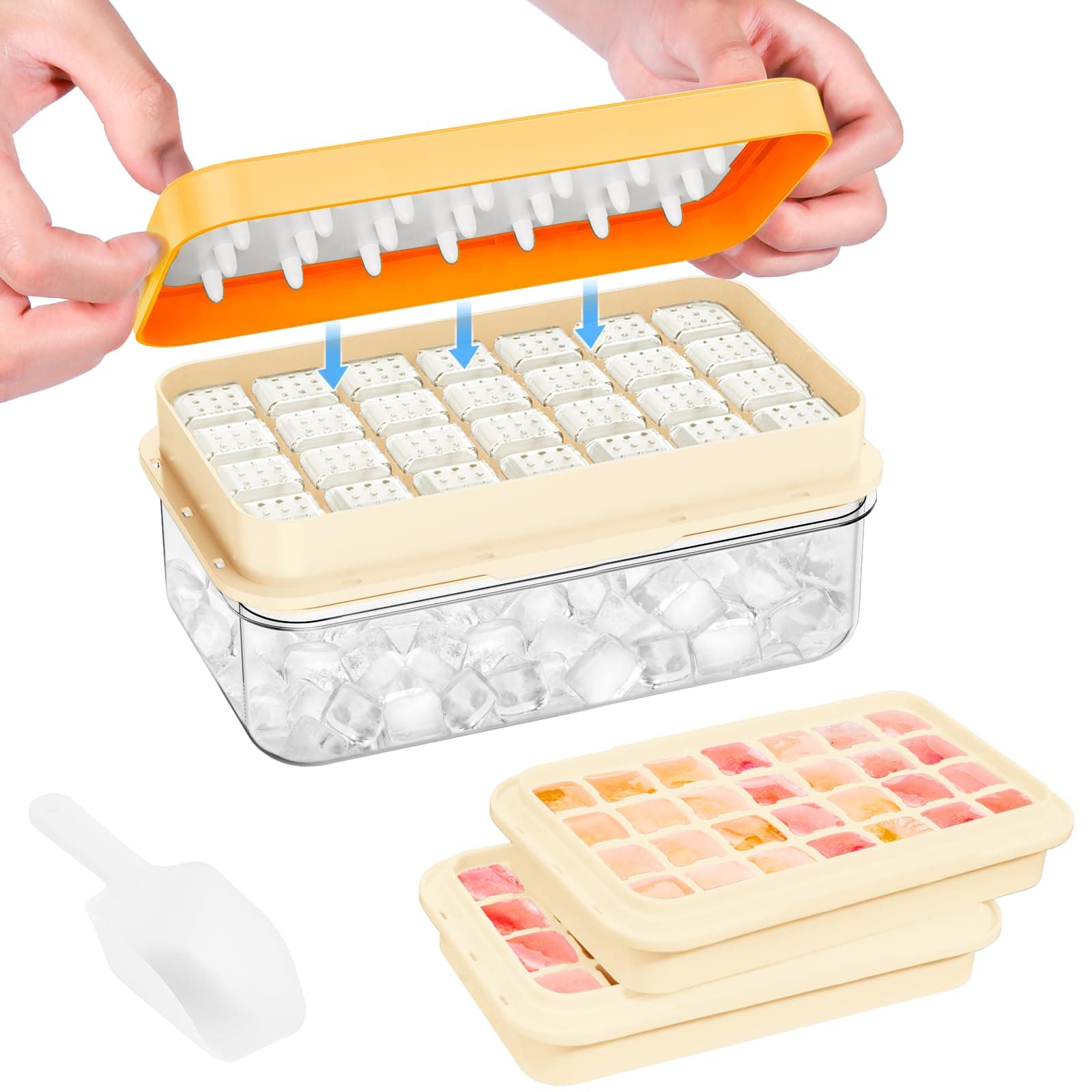 PHINOX Ice Cube Tray with Lid and Bin, Ice Trays for Freezer, Flexible Ice Cube Trays, Making 56 pcs Ice Cubes, Chilling Cocktail, Whiskey, Coffee, with 2 trays, Ice Container, Scoop&Cover, BPA Free