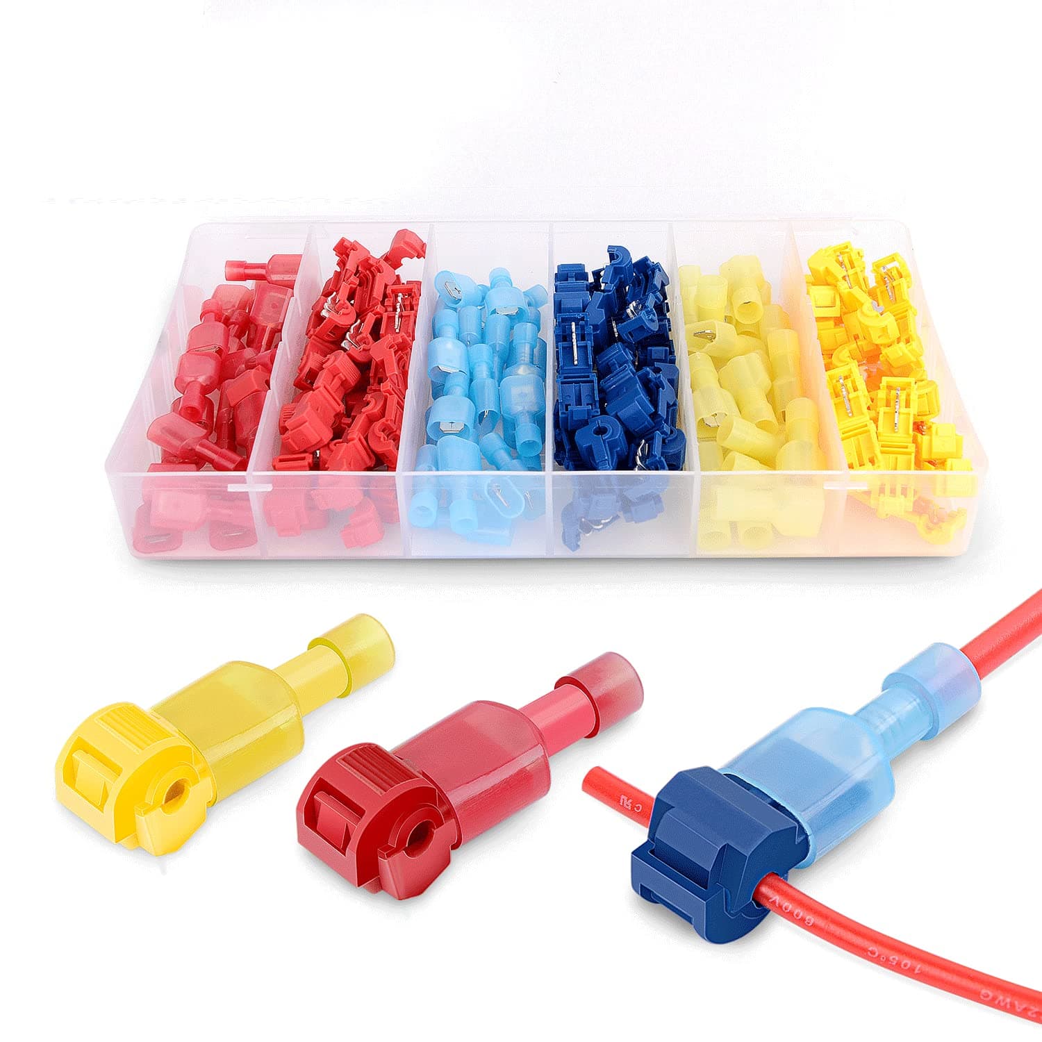 50004R 120 Pcs/60 Pairs Quick Splice Wire Terminals T-Tap Self-stripping with Nylon Fully Insulated Male Quick Disconnects Kit, 2 Years Warranty