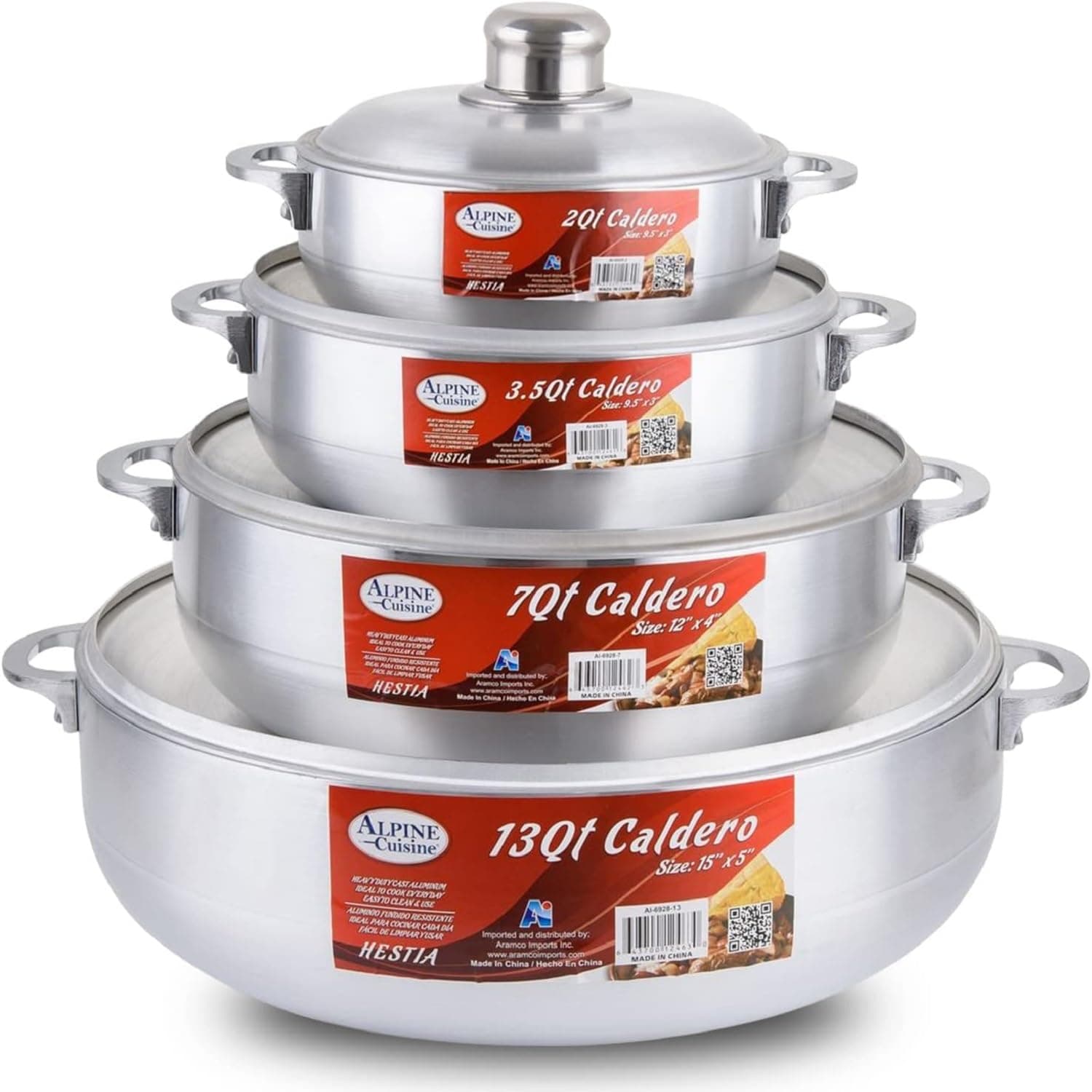 8-Piece Nonstick Aluminum Caldero Cookware Set with Lids | Includes 2 Qt, 3.5 Qt, 7 Qt, 13 Qt Pots | Ideal for Stews, Soups, & Rice
