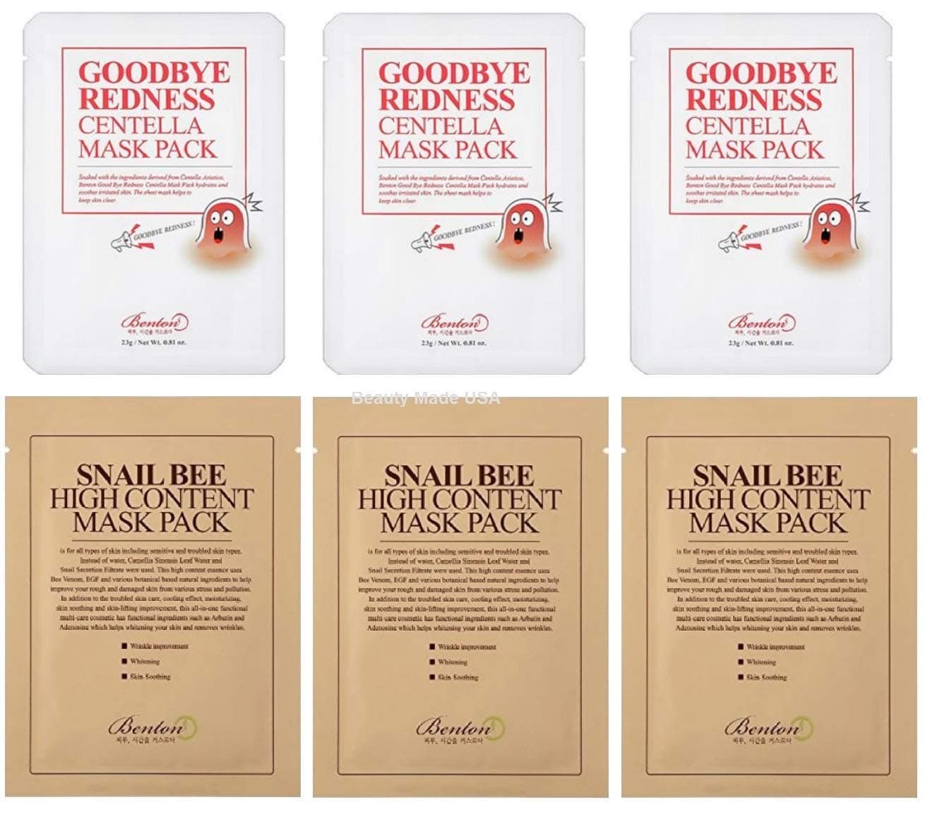 Snail Mask : 3 Benton Snail Bee High Content Sheet Mask & 3 Benton Goodbye Redness Centella Sheet Masks Pack (Total 6 Sheet Masks Custom Labeled Pack)