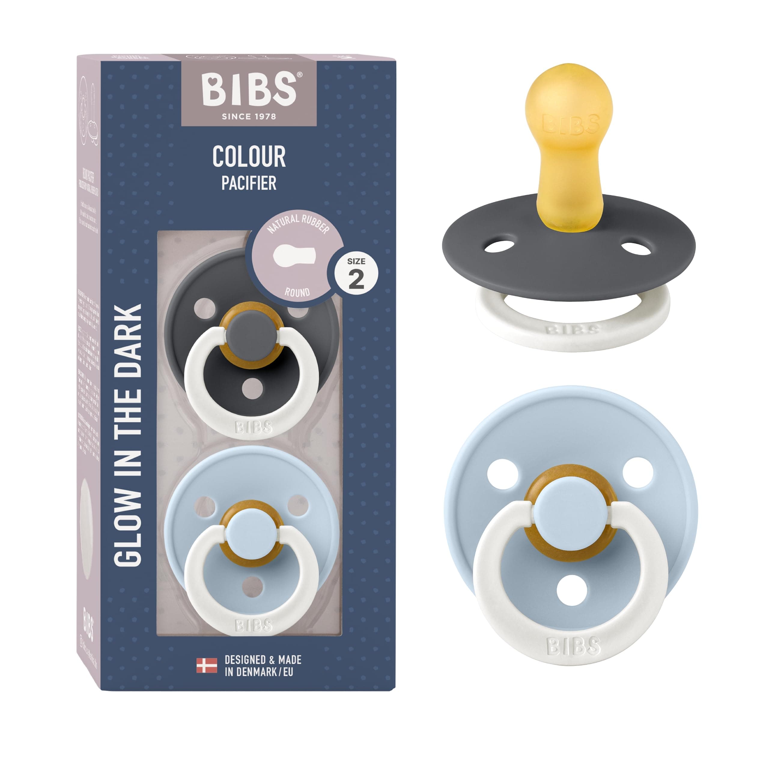 Bibs Colour Glow Soother 2 Pack, Glow in The Dark BPA Free Dummy Pacifier, Round . Natural Rubber Latex, Size 2 6 18 Months, Iron Night/Baby Blue Night, 6-18 Months (Pack of 2)