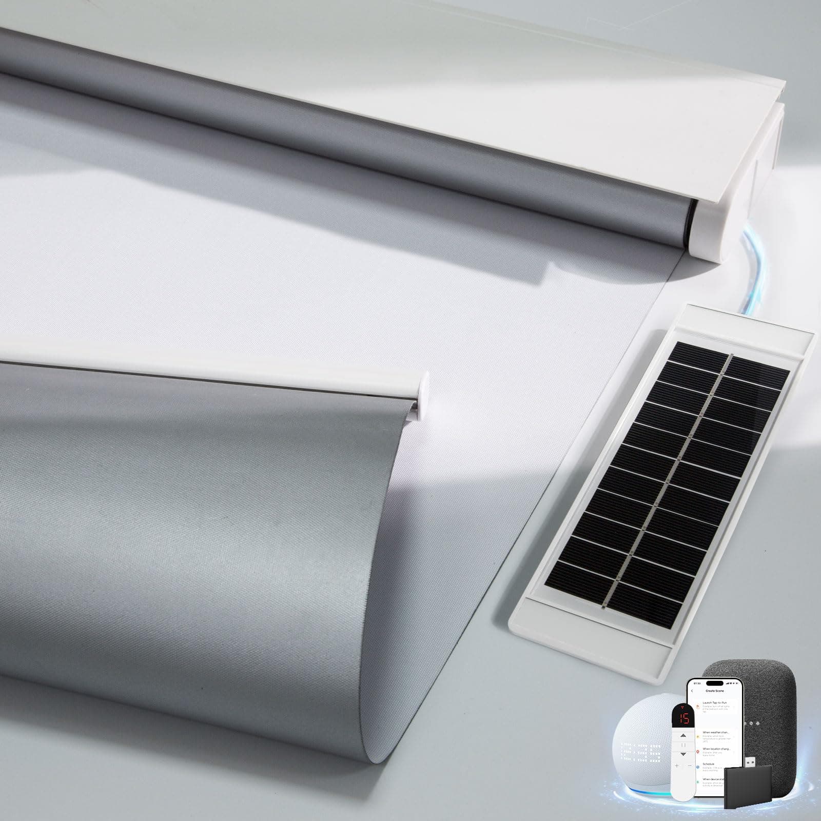 Motorized Blackout Electric Blinds with Remote, Solar Panel, Alexa Compatible - White, 20 x 72