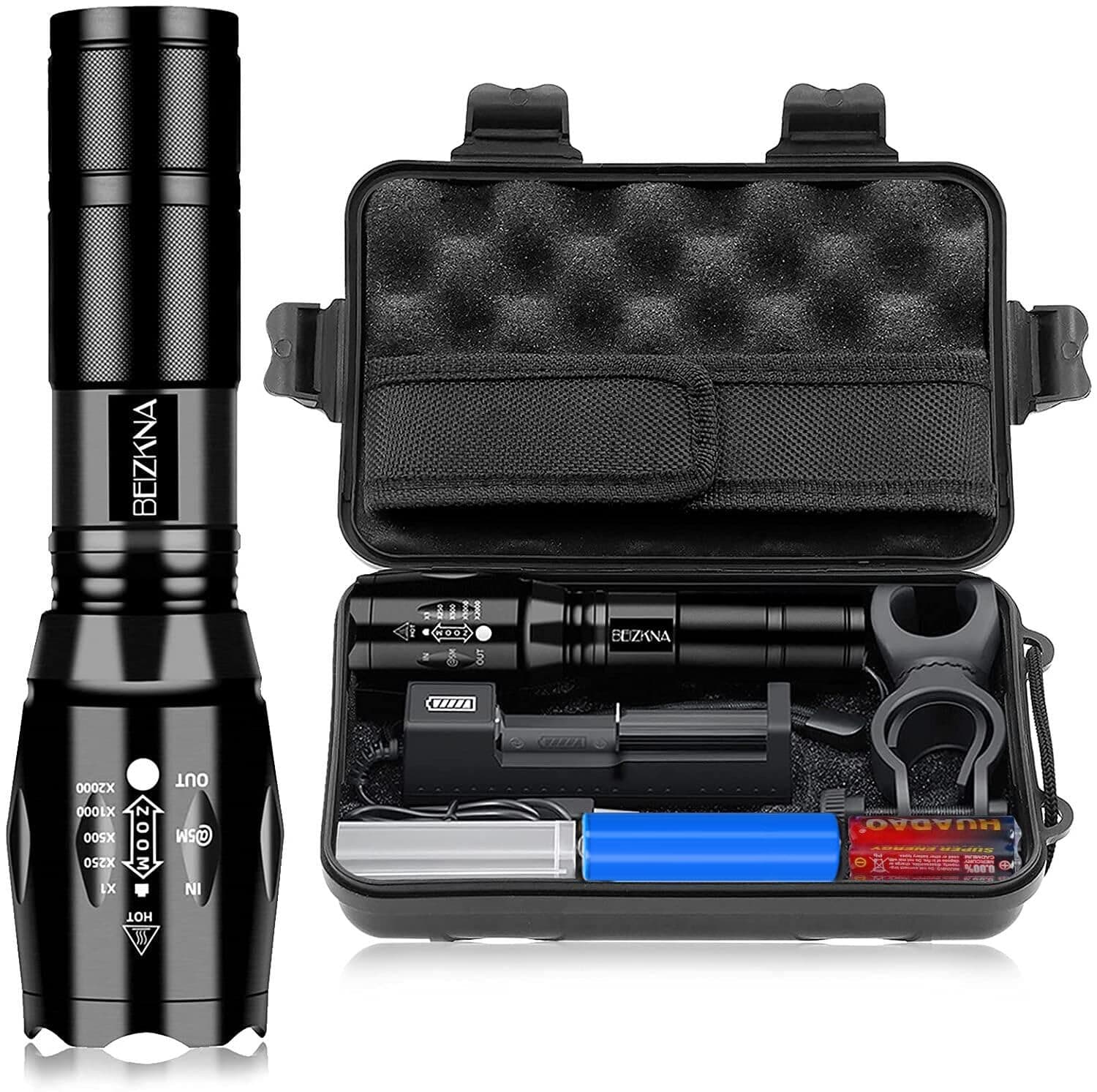 – LED Torch Rechargeable Torches Super Bright 2000L Battery Powered Powerful Flashlight L2 CREE Adjustable Focus 5 Modes IP65 Waterproof Outdoor Handheld Pocket Flash Light for Camping Hiking Emergency