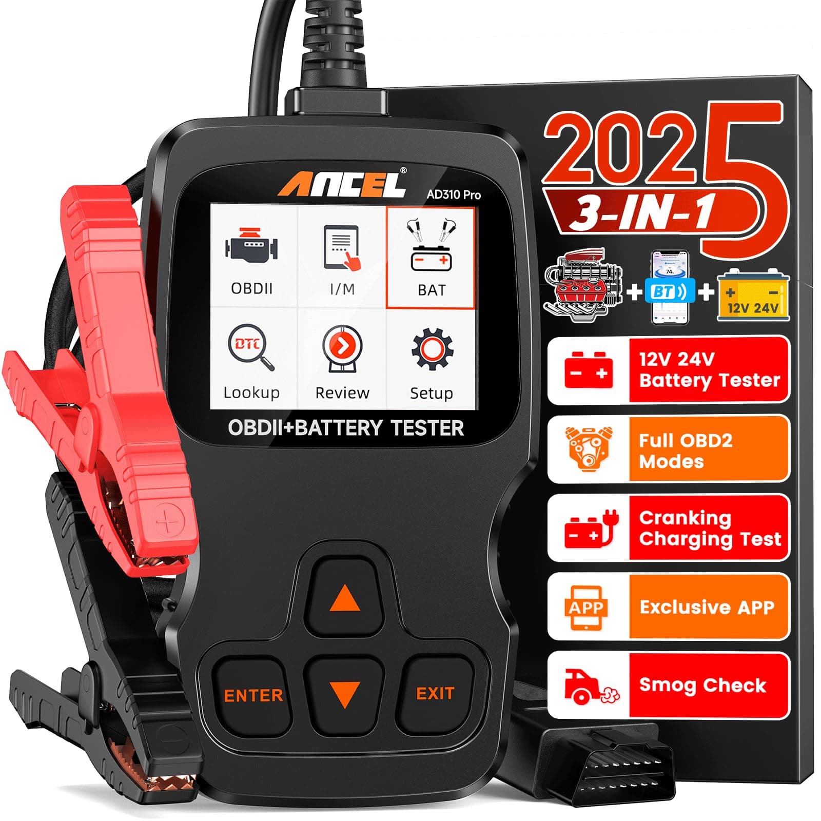 ANCEL AD310 Pro OBD2 Scanner Diagnostic Tool & Car Battery Tester & Bluetooth OBD2 Reader, Check Engine Code Reader for Car with Lights Reset Live Data, 12V 24V Battery Charging/Cranking System Test