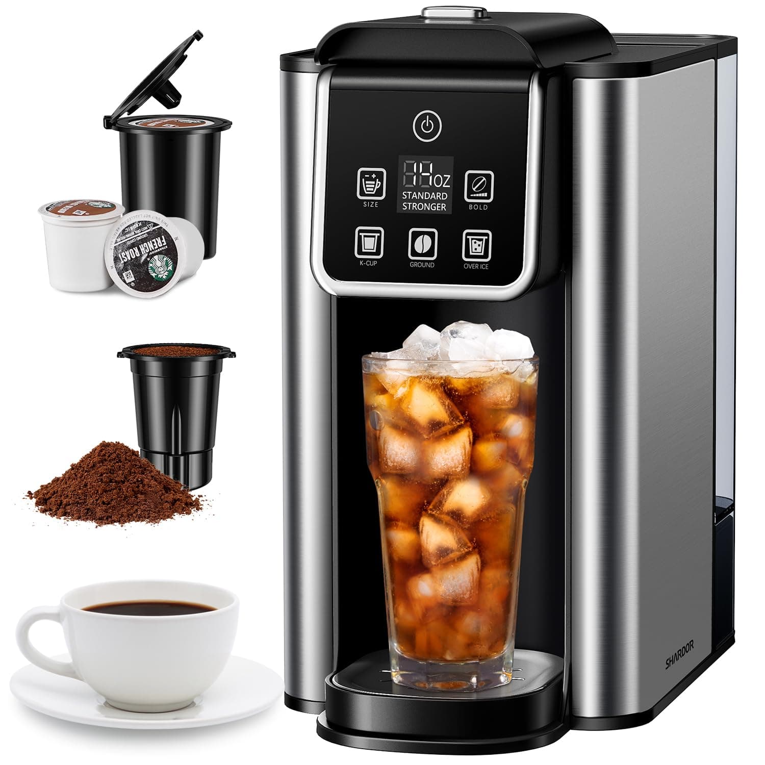 SHARDOR Single Serve Coffee Maker, Hot and Iced Coffee Machine for K Cup Pods & Ground Coffee, 6 to 14 Oz Brew Sizes, with 50oz Large Water Tank, Removable Drip Tray, Black