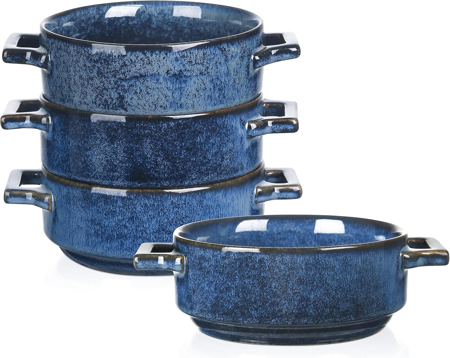 Ceramic Soup Bowls with Handles, 24 Oz Porcelain Soup Crocks for French Onion Soup, Cereal, Beef Stew, Chill, Pasta, Pot Pies, Microwave and Oven Safe, Set of 4 (Blue)