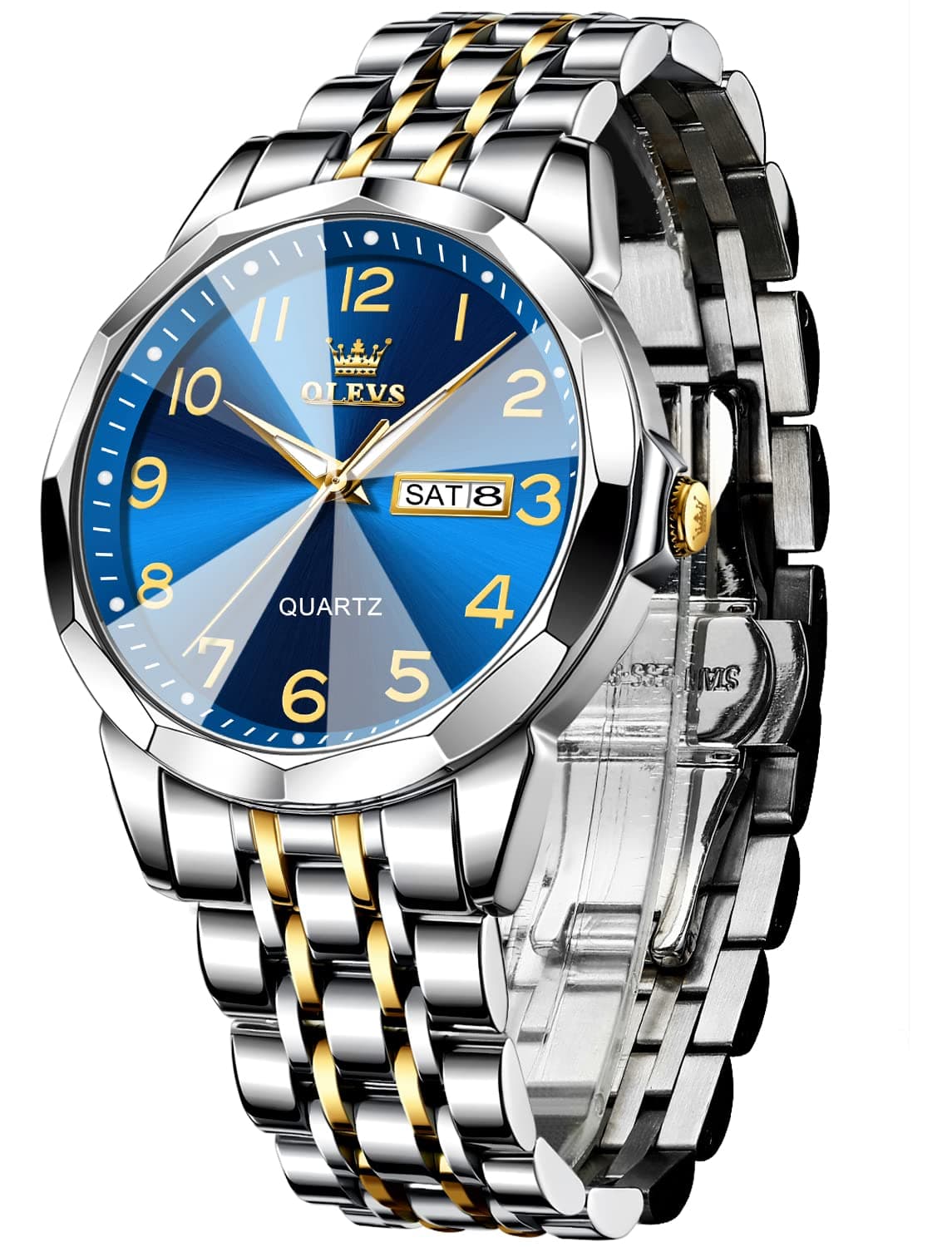 OLEVS Watches for Men Women Large Face Uni Diamond Luxury Dress Analog Quartz Stainless Steel Waterproof Luminous Date Business Casual Wrist Watch, 9970: Two-tone band & blue dial, G