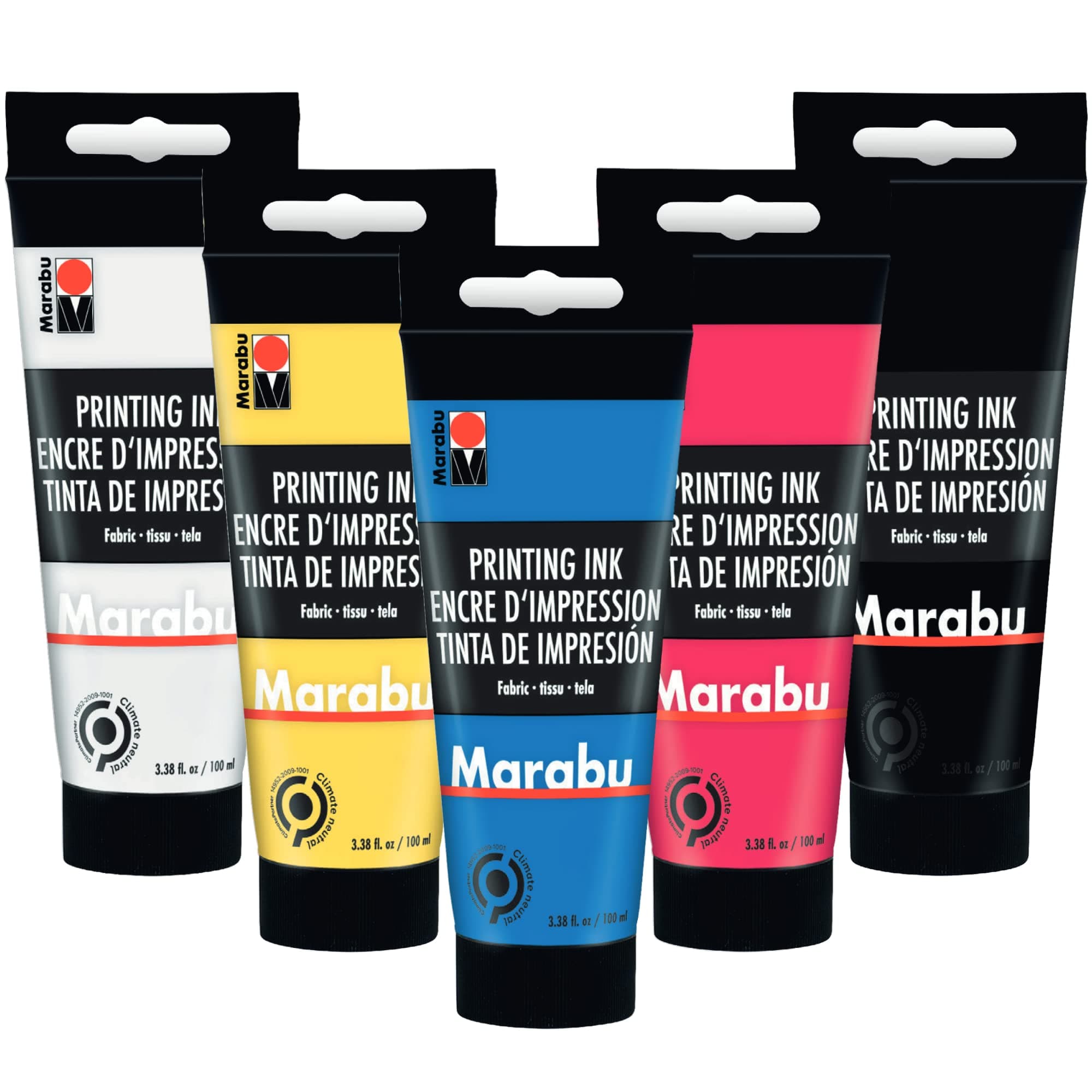 Marabu Fabric Screen Printing Ink Set – 5 Water-Based Colors: Yellow, Magenta, Cyan, Buff Titanium Light, Carbon Black – 100ml (3.38 fl oz) Tubes