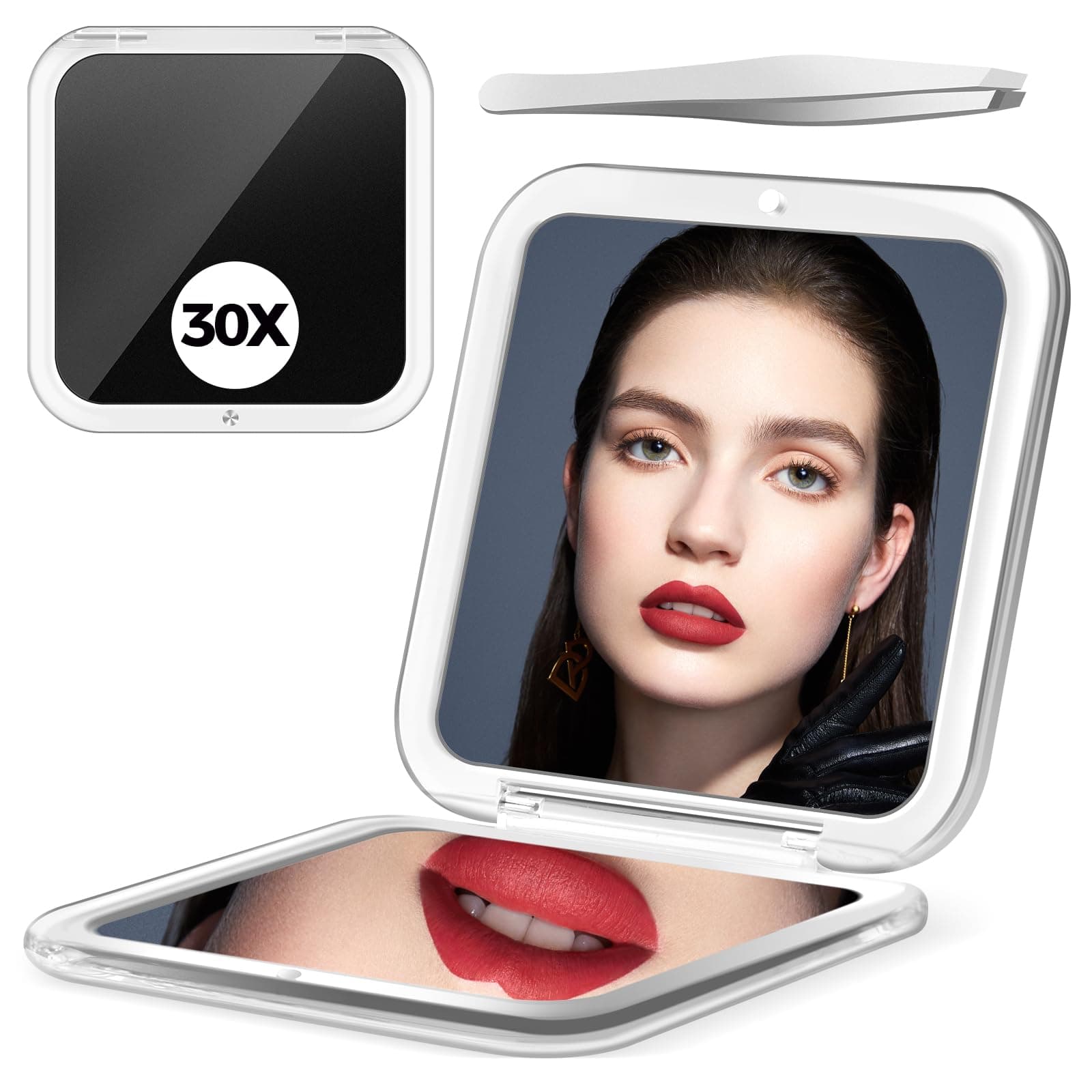 Compact Mirror, 30X Magnifying Mirror, Square Travel Makeup Mirror, 3.3x3.3 inch Small Pocket Mirror, 2-Sided Travel Essential Mirror, Women's Magnetic Portable Mirror with Precision Tweezers, Black