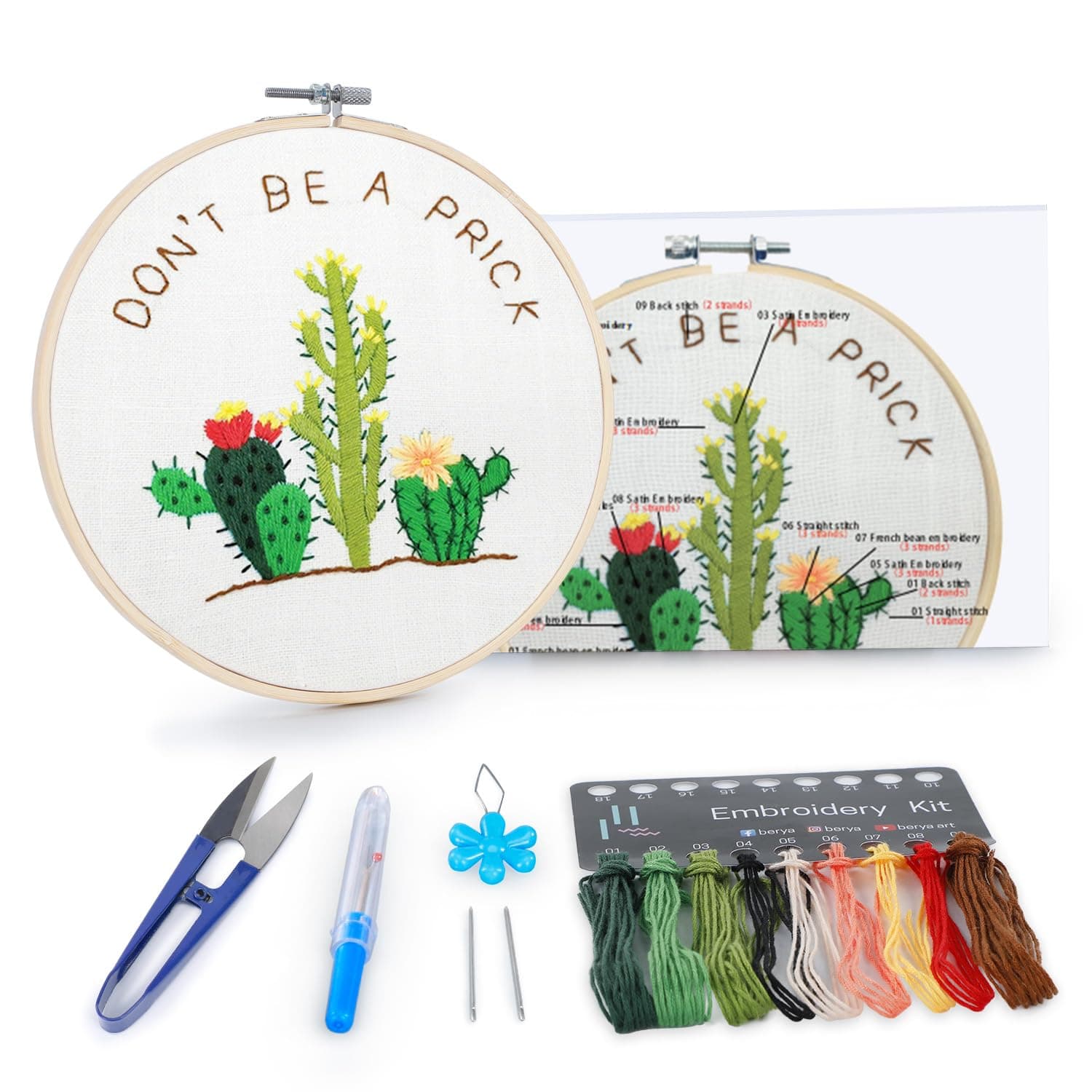 BERYA Cactus Embroidery Kit Including Video Step by Step Instructions Embroidery Hoop,Color Threads and Embroidery Scissors for Beginners-Handmade Needlepoint Kits for Adults