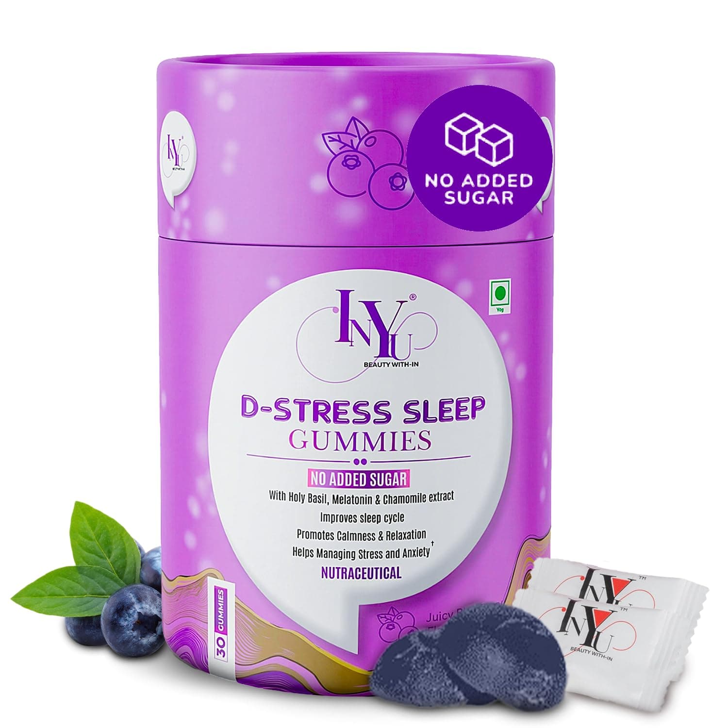 INYU D-Stress Melatonin 5mg Sleep Gummies — 30 Days Pack | No Added Sugar | With Holy Basil & Chamomile for muscle relaxation | Natural Non-habit forming | Stress & Sleep Support | Blueberry Flavor | for Women & Men