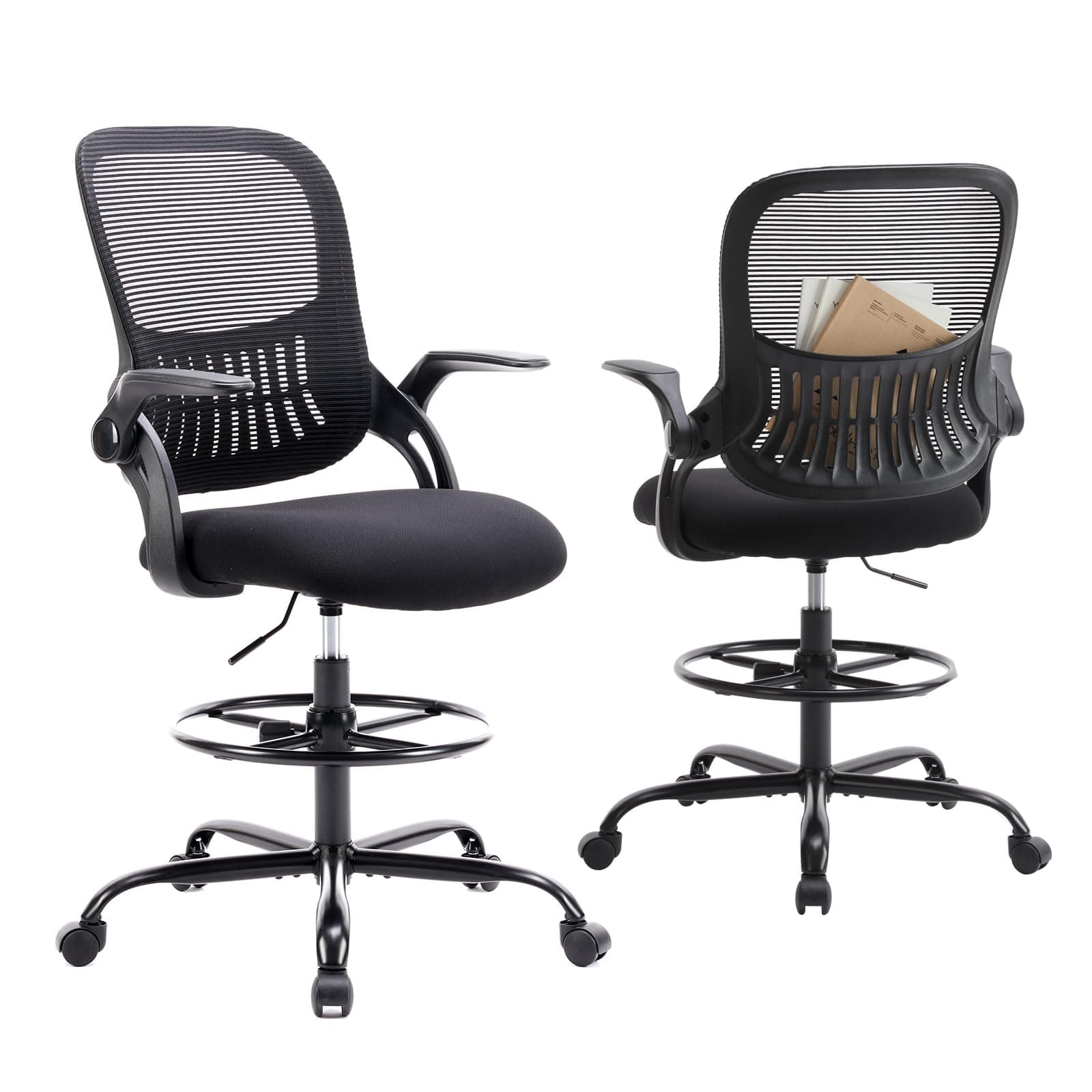 SMUG Drafting Chair for Standing Desk, Adjustable Counter Height, Flip Up Arm, Ergonomic Mid Back Mesh, Rolling Work Swivel, Office Computer Chair with Wheels, Black