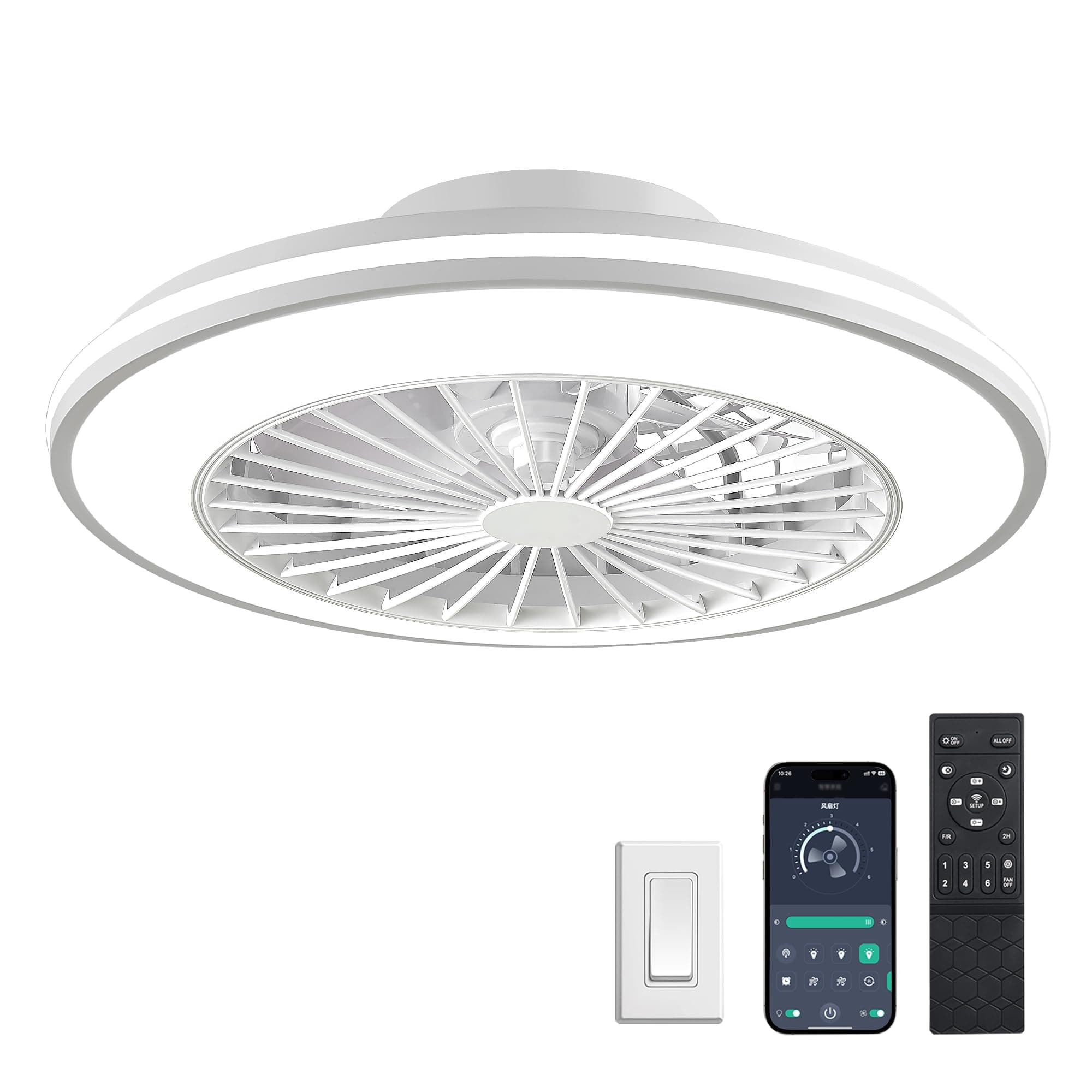 Smart Ceiling Fans with Lights and Remote, Low Profile Ceiling Fan with Light, Flush Mount Bladeless Modern Ceiling Fans, Bedroom Fan bladeless Ceiling Fan (White), 20-inch