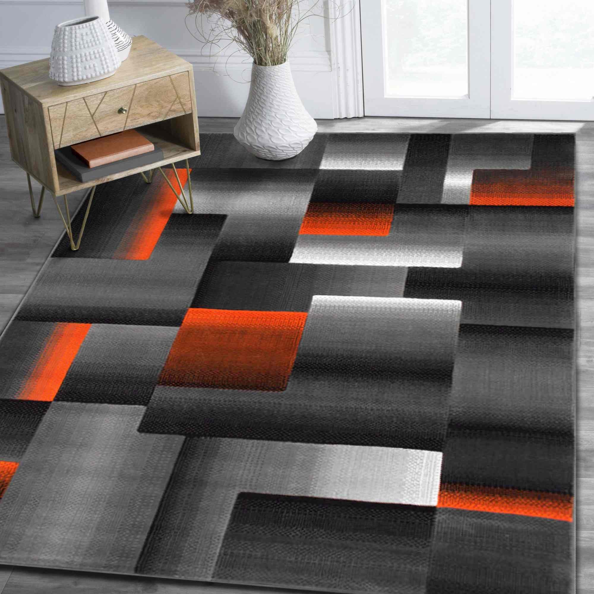 Handcraft Rugs Orange/Black/Gray Abstract Geometric Modern Squares Pattern Area Rug 8 ft. by 10 ft.
