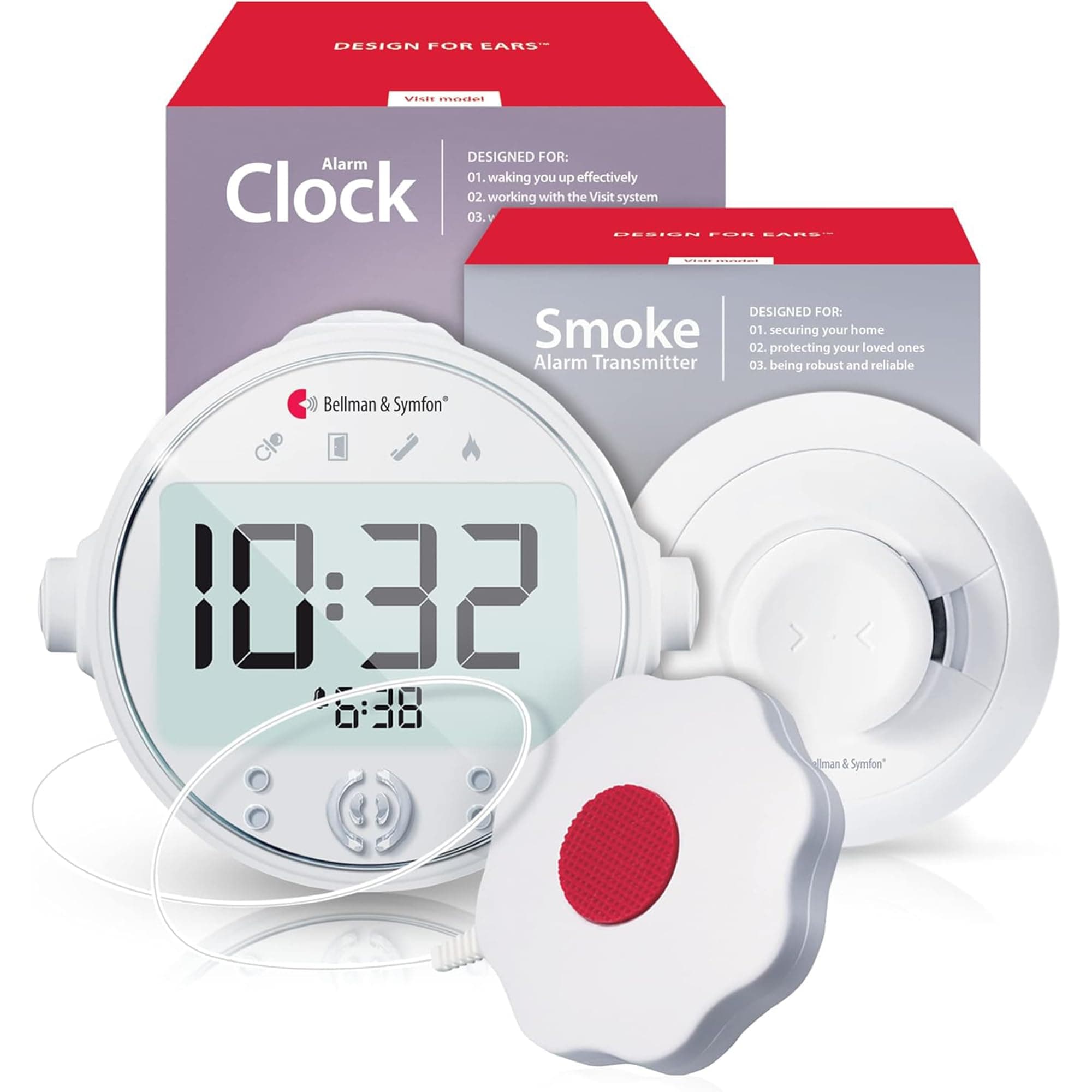 Safe Fire Alerting Solution – Smoke Detector for Hard of Hearing - Wireless Smart Home Safety Alarm Includes Smoke Transmitter, Alarm Clock Receiver with Guiding Night Light