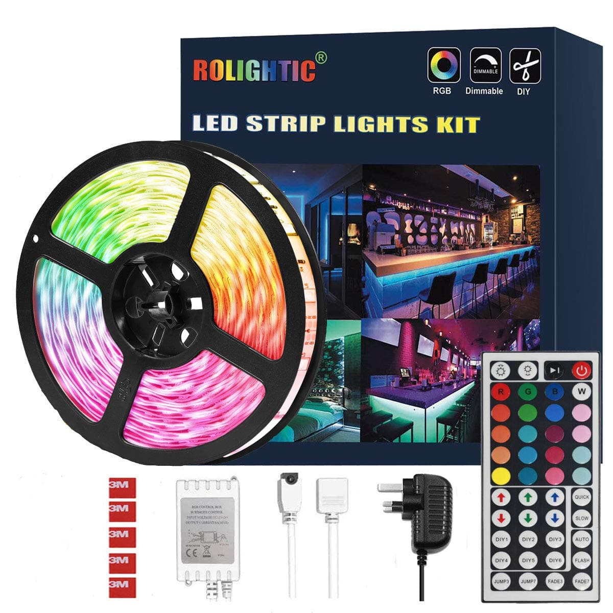 RoLightic 5M Waterproof Led Strip Light, Multi-Color,SMD 5050 150LEDs Color Changing Flexible Led Strip Kit with 44 key Remote Controller + Power Adapter for Home Kitchen Cabinet Car TV Lighting Decoration