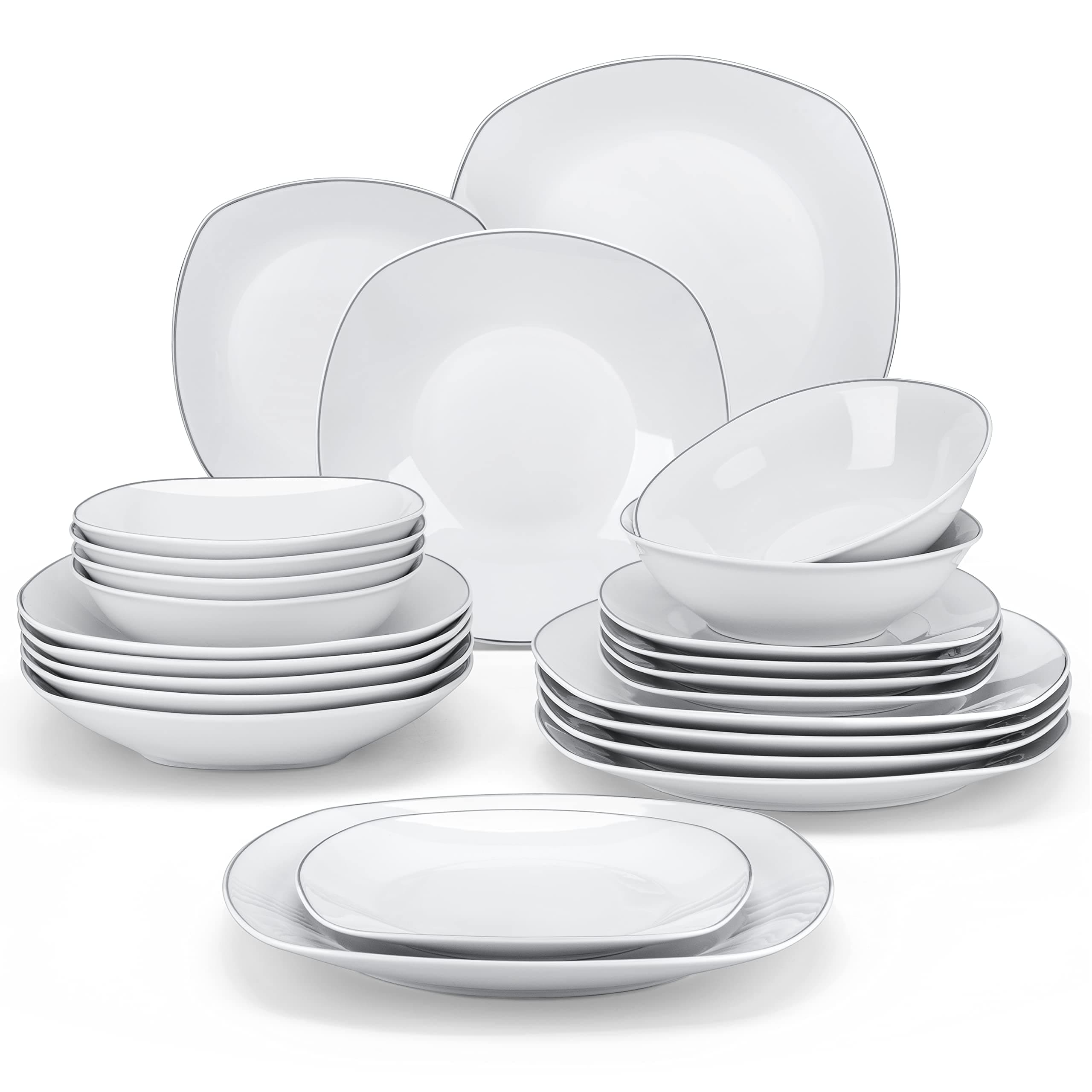 MALACASA Dinnerware Sets, 24 Piece Porcelain Square Dishes, White with Silver Rim Plates and Bowls Sets, Ceramic Dish Set for 6, Chip Resistant Dishware Sets, Series ELISA