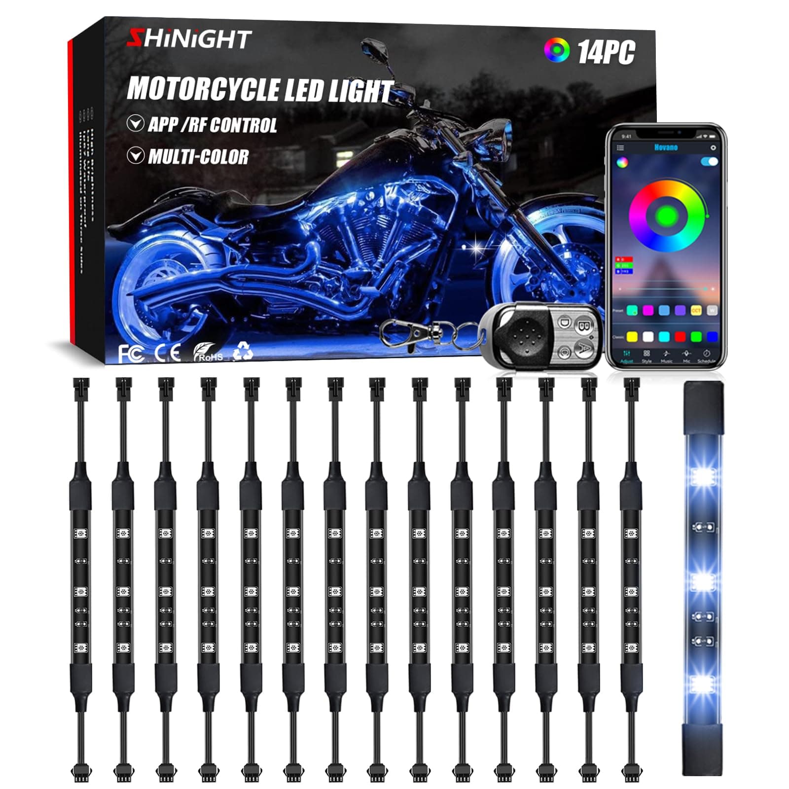 14 Pcs Motorcycle LED Light Kits, App Control Multicolor Waterproof Motorcycle LED Strip Lights with RF Remote, Music Sync & Multiple Scene Modes RGB LED Lights for Motorcycles