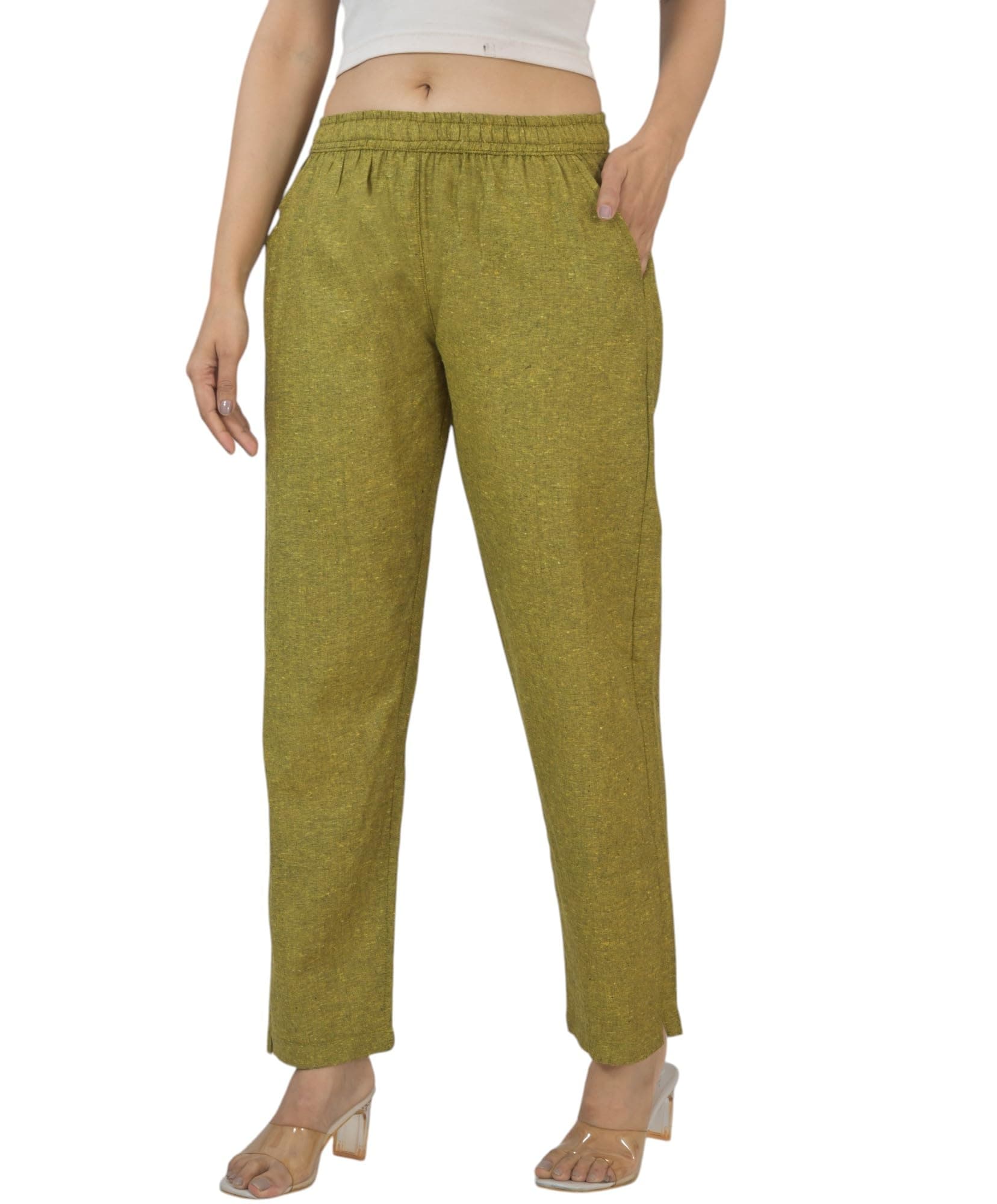 Qashida Women's Cotton Linen Pants, Regular Fit, Fully Elasticated, 2 Side Pockets