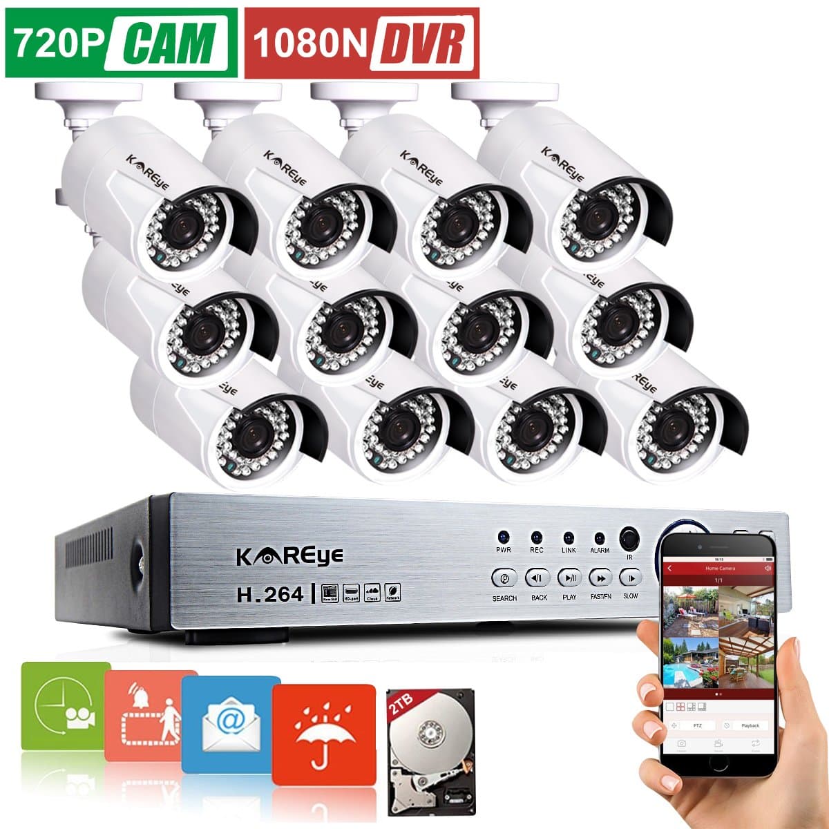 16CH 1080N AHD DVR Video Security System with 12x 1.0MP Weatherproof Cameras, 100ft Night Vision, Motion Alert, 2TB HDD