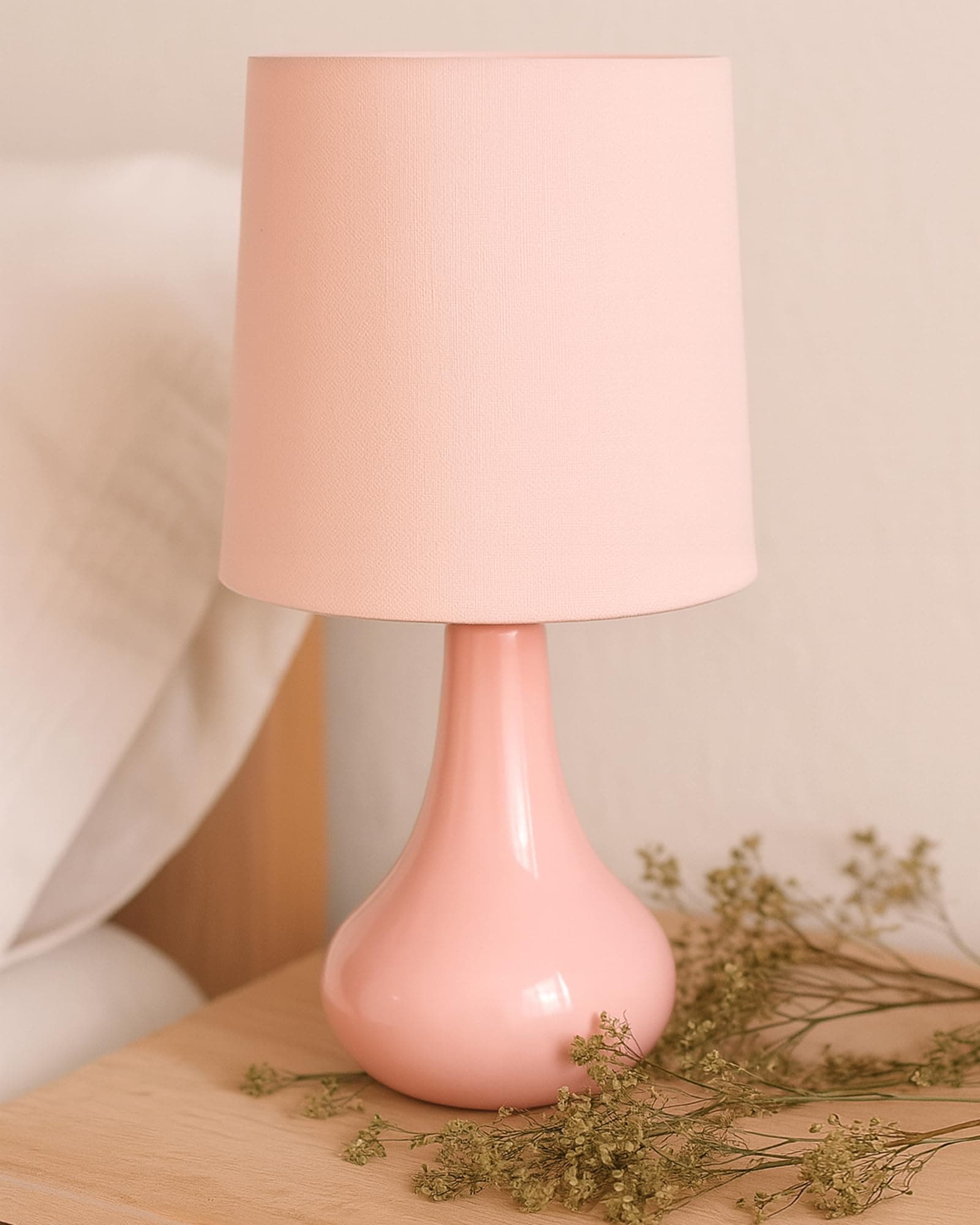 Homesake Modern Small Ceramic LED Table Lamp, Classic Bedside Desk Lamp For Living Room Bedroom, Farmhouse Nightstand Lamps With Fabric Shade (Pink)