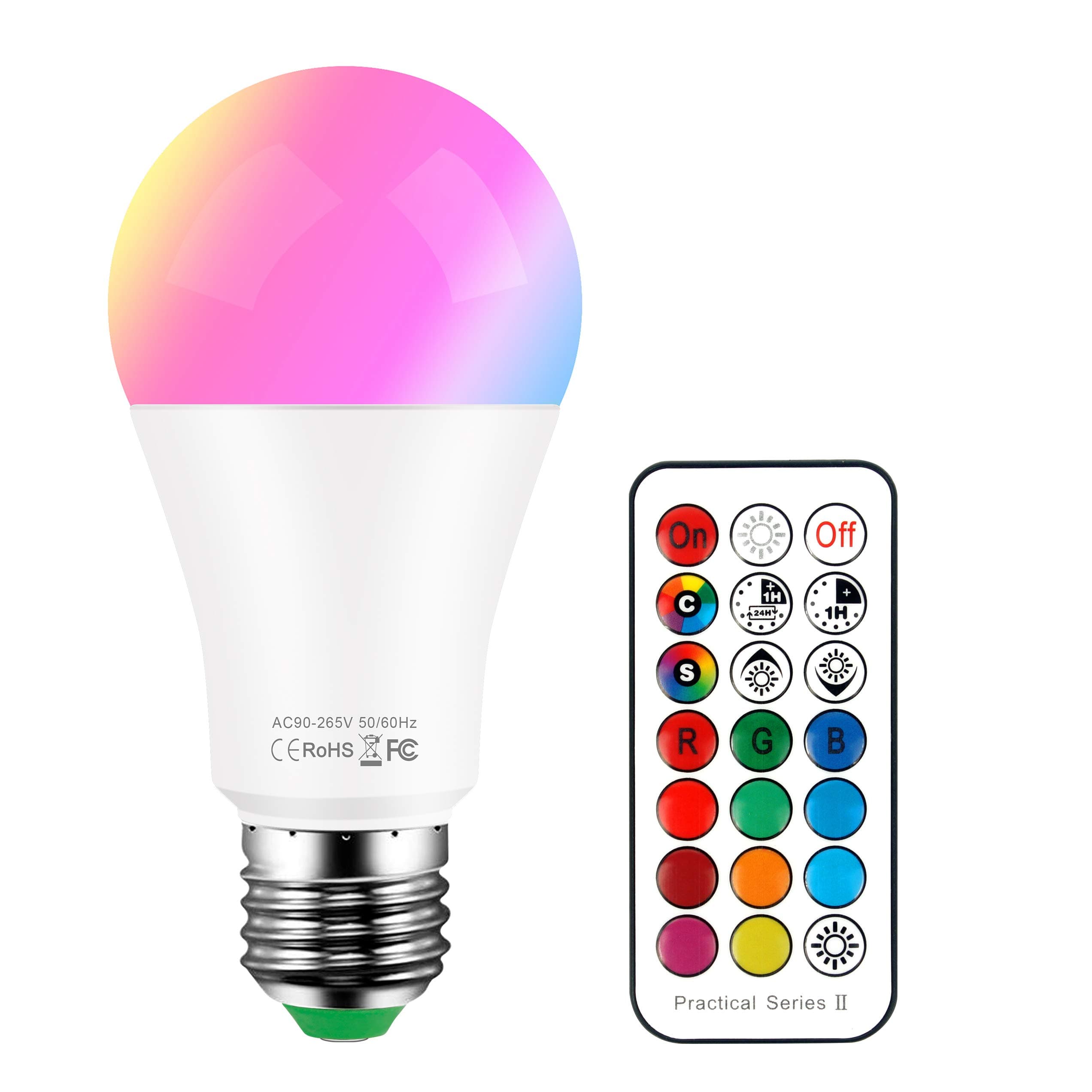 E26 LED Color Changing Bulb RGB Light Bulbs Warm White 10W Dimmable with 21key Remote Control, 60W Incandescent Equivalent, Memory Function, RGB + Warm White for Home Room Decor