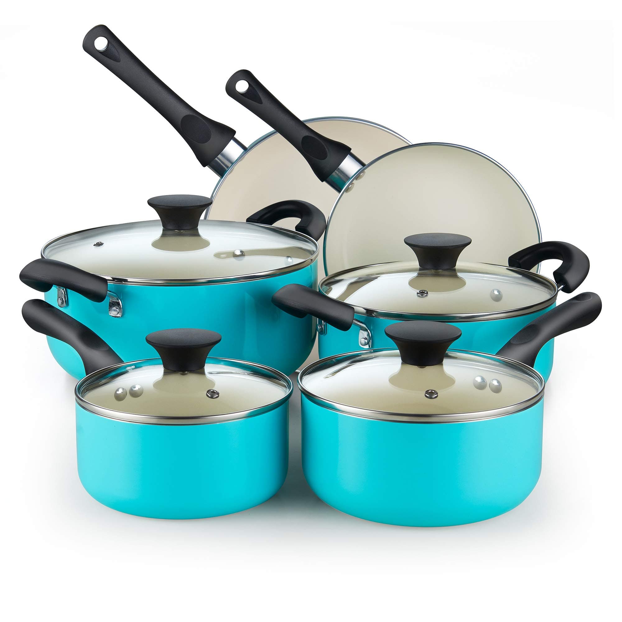 Cook N Home 10 Piece Ceramic Non-Stick Cookware Set - Pots, Pans, Dutch Ovens, Saucepans, Frying Pans, Lids - Turquoise