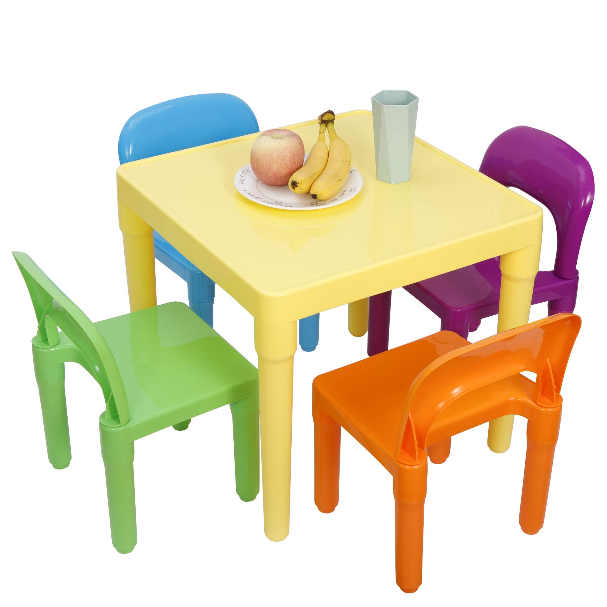 Kids Plastic Table and 4 Chairs Set, Multicolor Play Room Furniture for Reading, Train, Art, Crafts