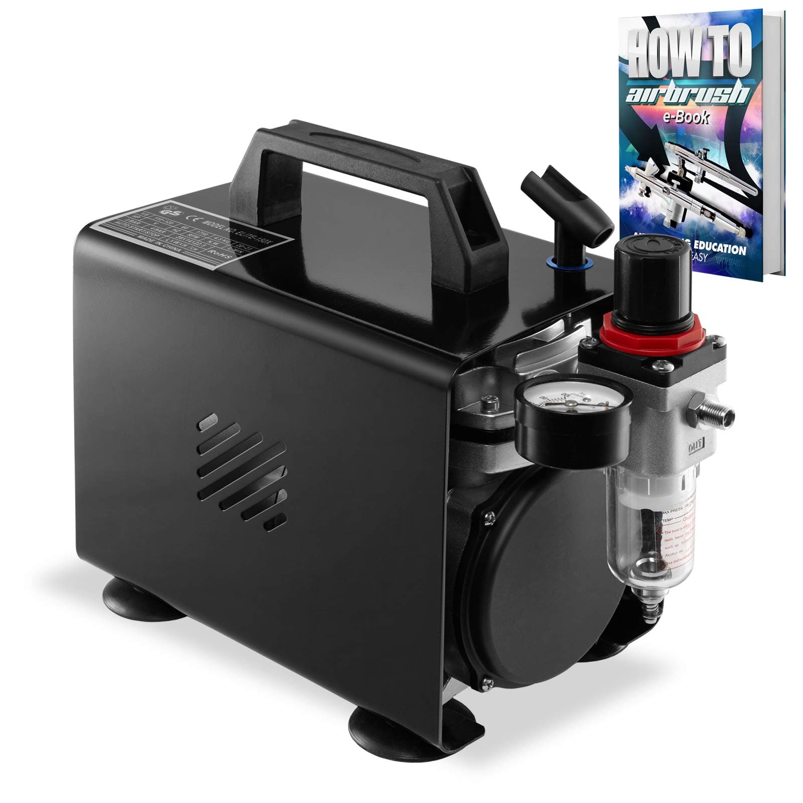 PointZero 1/5 HP Airbrush Compressor with Regulator, Gauge, Water Trap, and Cover with Holder - Quiet Portable Air Pump Black