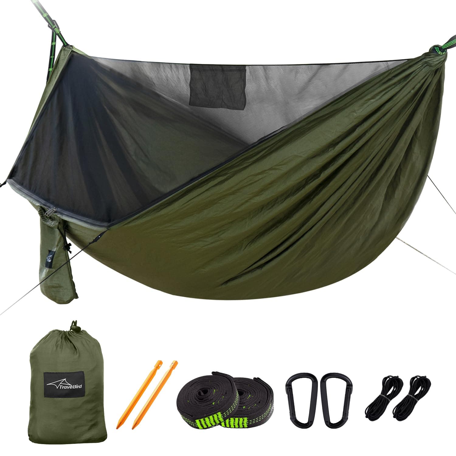 Camping Hammock with Mosquito Net and Ridge Rope, Extra Large for 2 Person, Lightweight Hanging Hammocks Tree Straps, All-in-one Fast Open Hammock for Outside, Hiking, and Travel