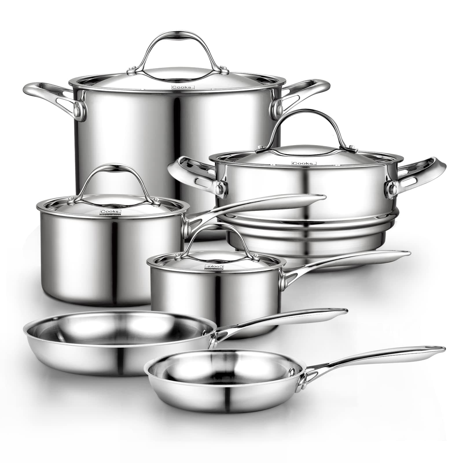 Cooks Standard 10 Piece Stainless Steel Pots and Pans Set, Cookware Set with Lids- Flying Pan, Saucepan, Steamer, Stockpot, Cool Grip Handles, Oven/Dishwasher Safe