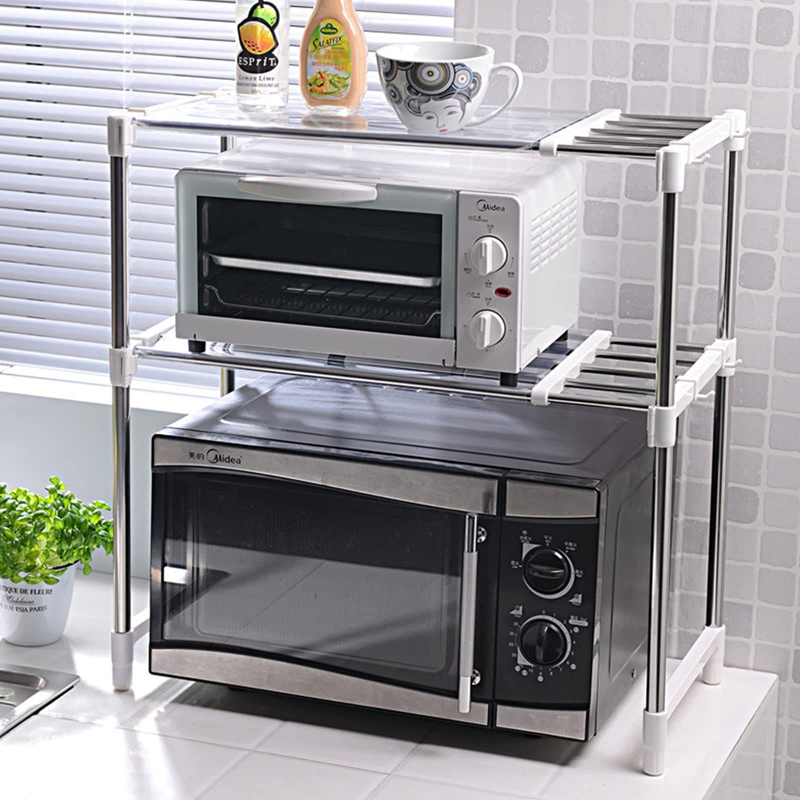 DoubleBlack Microwave Oven Storage Rack Shelf Adjustable shelving Countertop Organizer with 8 Hooks