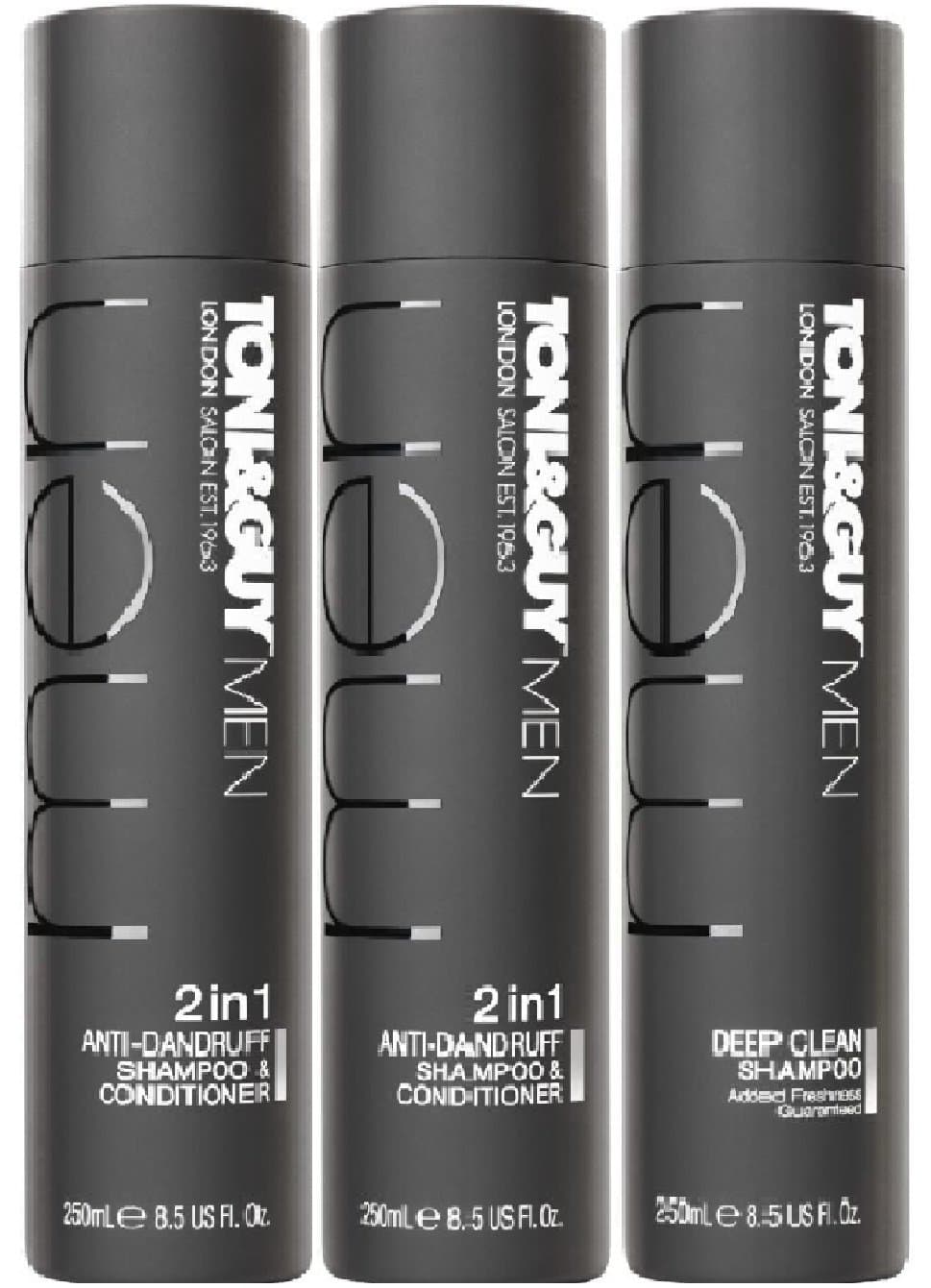 (3 PACK) Toni & Guy Men 2 in 1 Anti Dandruff Shampoo & Conditioner 2 x 250ml & Toni & Guy Men Deep Clean Shampoo x 250ml