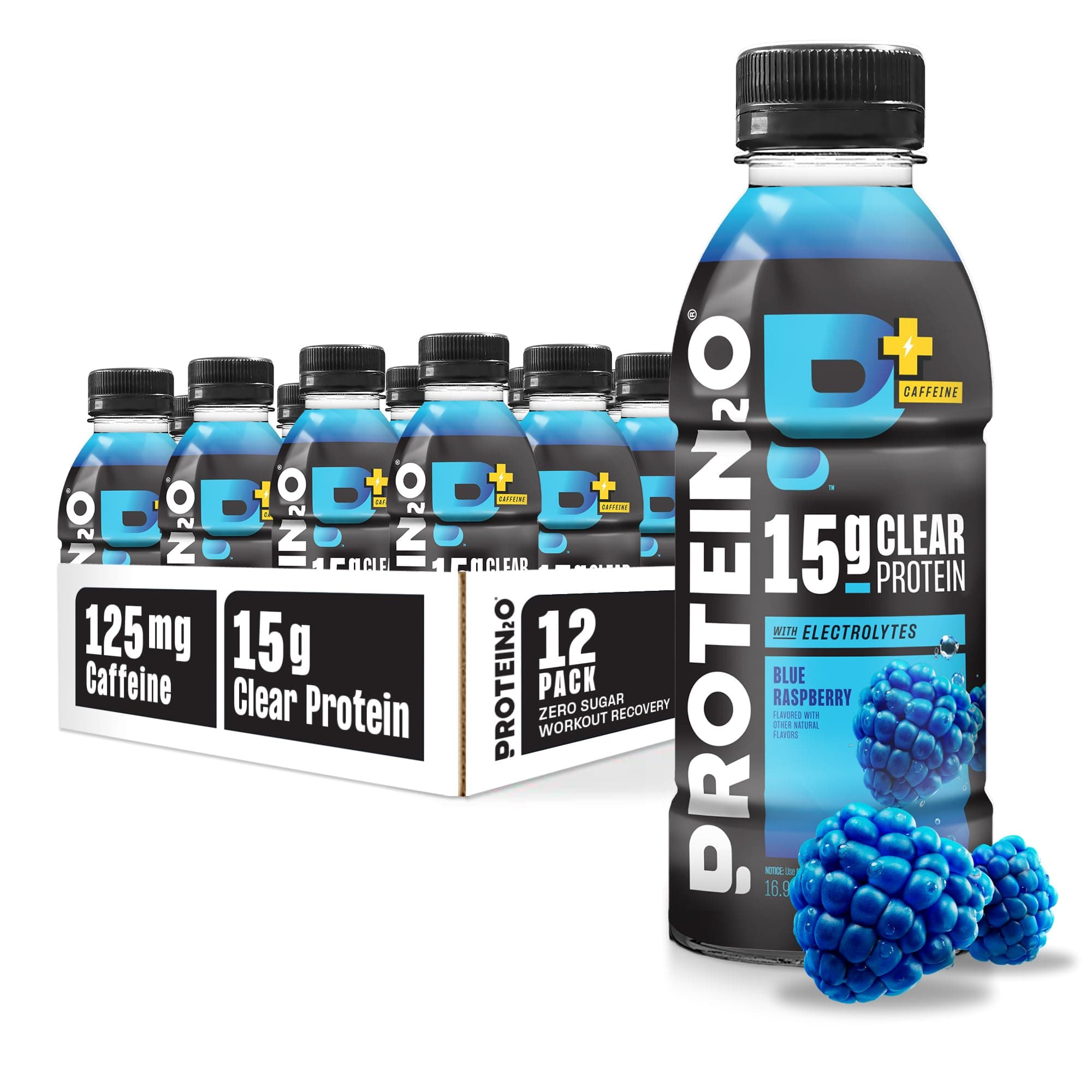 15g Whey Protein Isolate Hydration Drink Plus Energy & Focus, 350mg of Electrolytes, 125mg of Caffeine, Sugar Free, Blue Raspberry, 16.9 oz Bottle (Pack of 12)