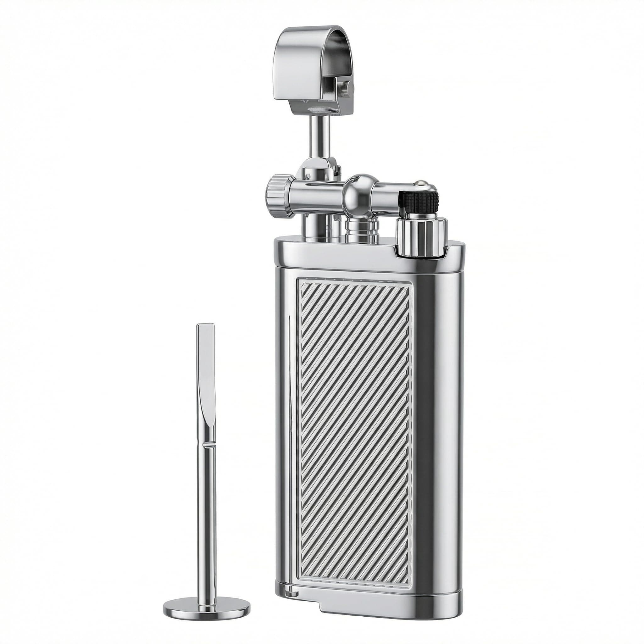 Angled Soft Flame Antique Style Lift Arm Butane Refillable Lighter with Tamper & Pick (Chrome)