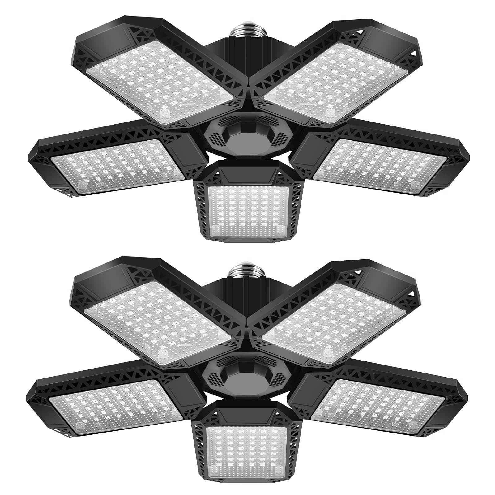 2 Pack Garage Light, 150W LED Lighting 5 Adjustable Panels, 15000LM Demable E27 Ceiling Lighting, Ultra Bright Lights Workshop Warehouse, Black (GOLEDLLT03UP)
