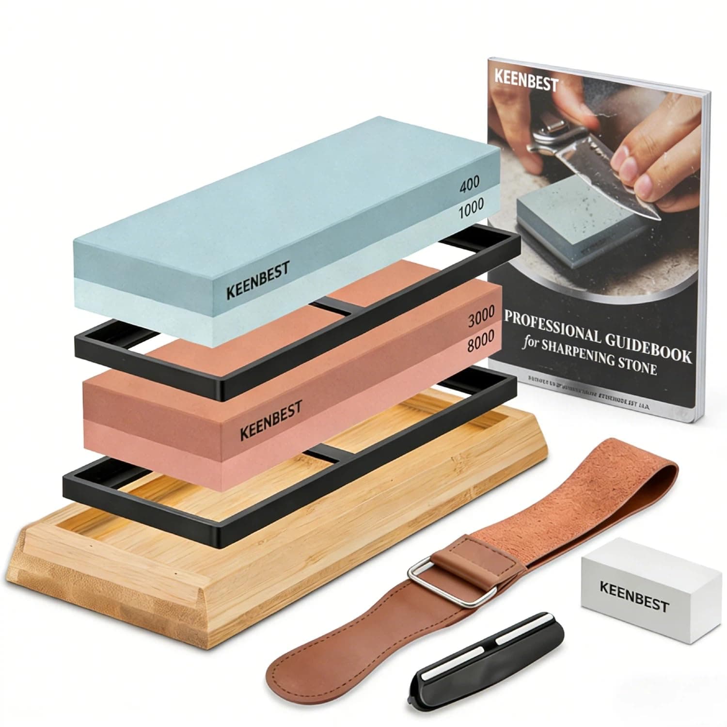 KEENBEST Actual Grit Premium Material Whetstone Set 2 Side Grit 400 1000 3000 8000 Sharpening Stone Professional Kitchen Knife Sharpener Stone Kit Wet Stones Bamboo Base Angle Guide Red