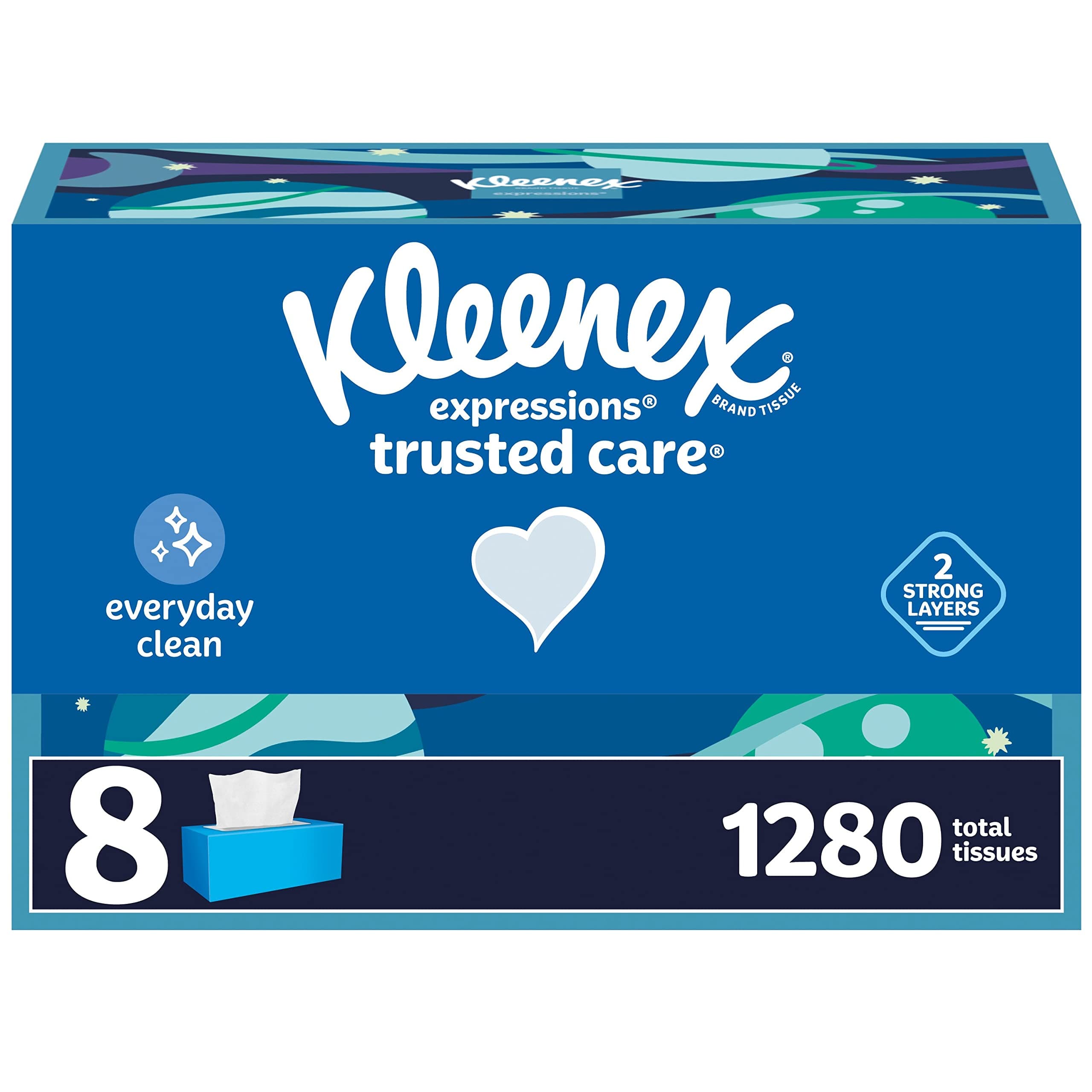 Expressions Trusted Care Facial Tissues, 8 Flat Boxes, 160 Tissues per Box, 2-Ply (1,280 Total Tissues), Packaging May Vary