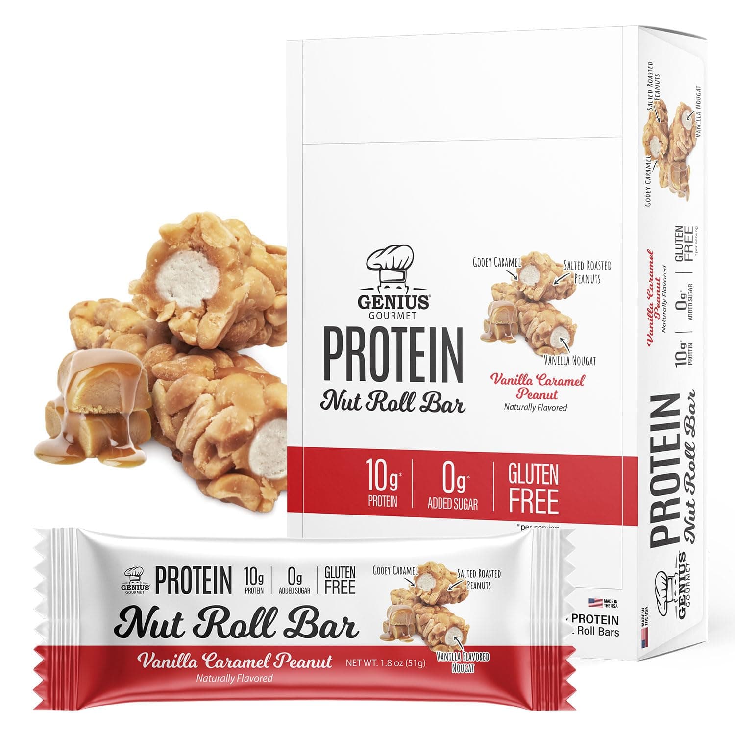 Protein Bars Nut Roll Bars Vanilla Caramel Peanut - 10G Protein, Zero Sugar Added, Gluten Free, Non-GMO - Sweet Protein Snack & Protein Dessert For Adults And